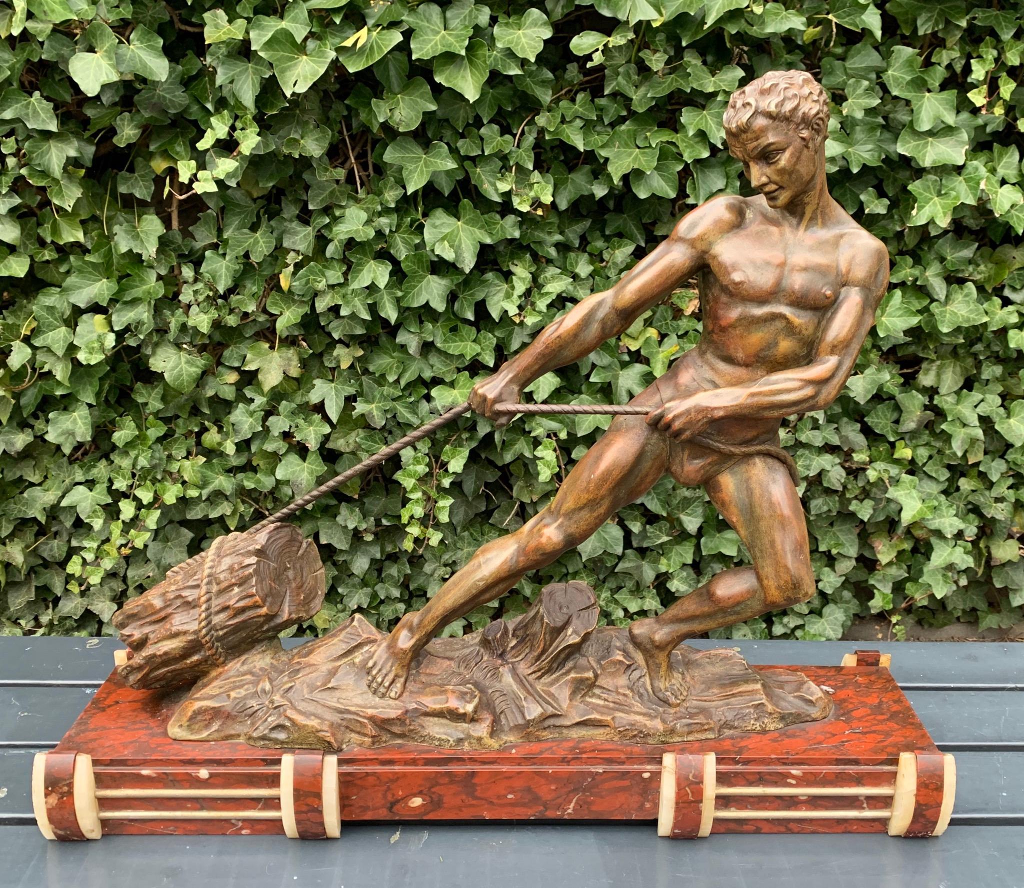Hand-Crafted Muscular & Athletic Art Deco Male Sculpture on Marble Base by Jean Marie Camus For Sale