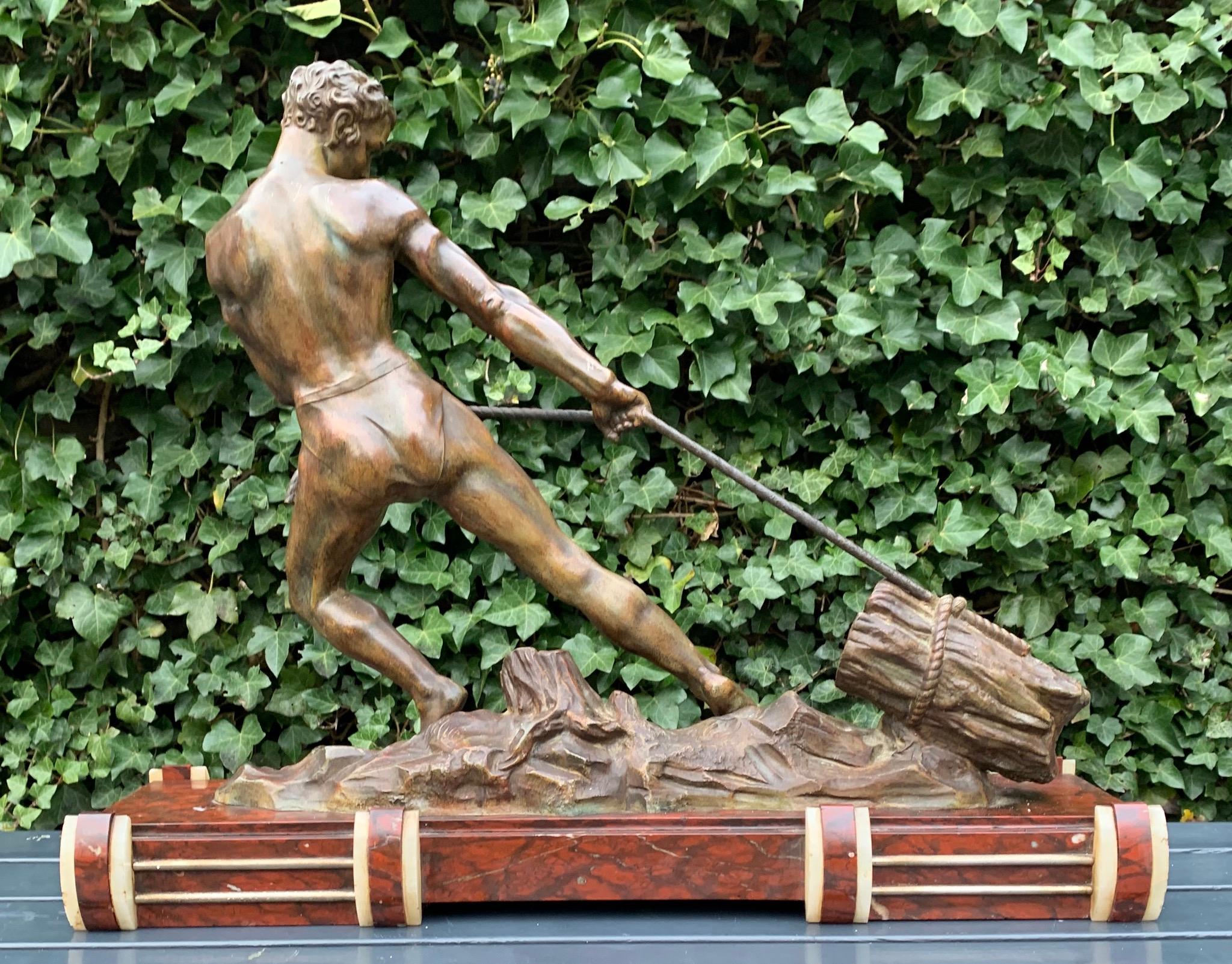 Muscular & Athletic Art Deco Male Sculpture on Marble Base by Jean Marie Camus In Good Condition For Sale In Lisse, NL