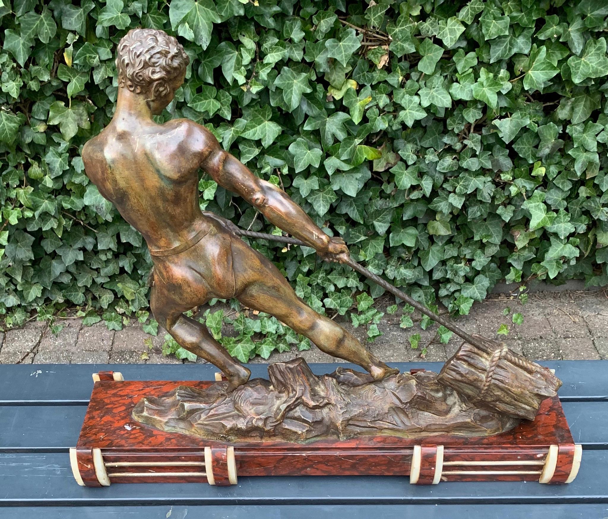 20th Century Muscular & Athletic Art Deco Male Sculpture on Marble Base by Jean Marie Camus For Sale