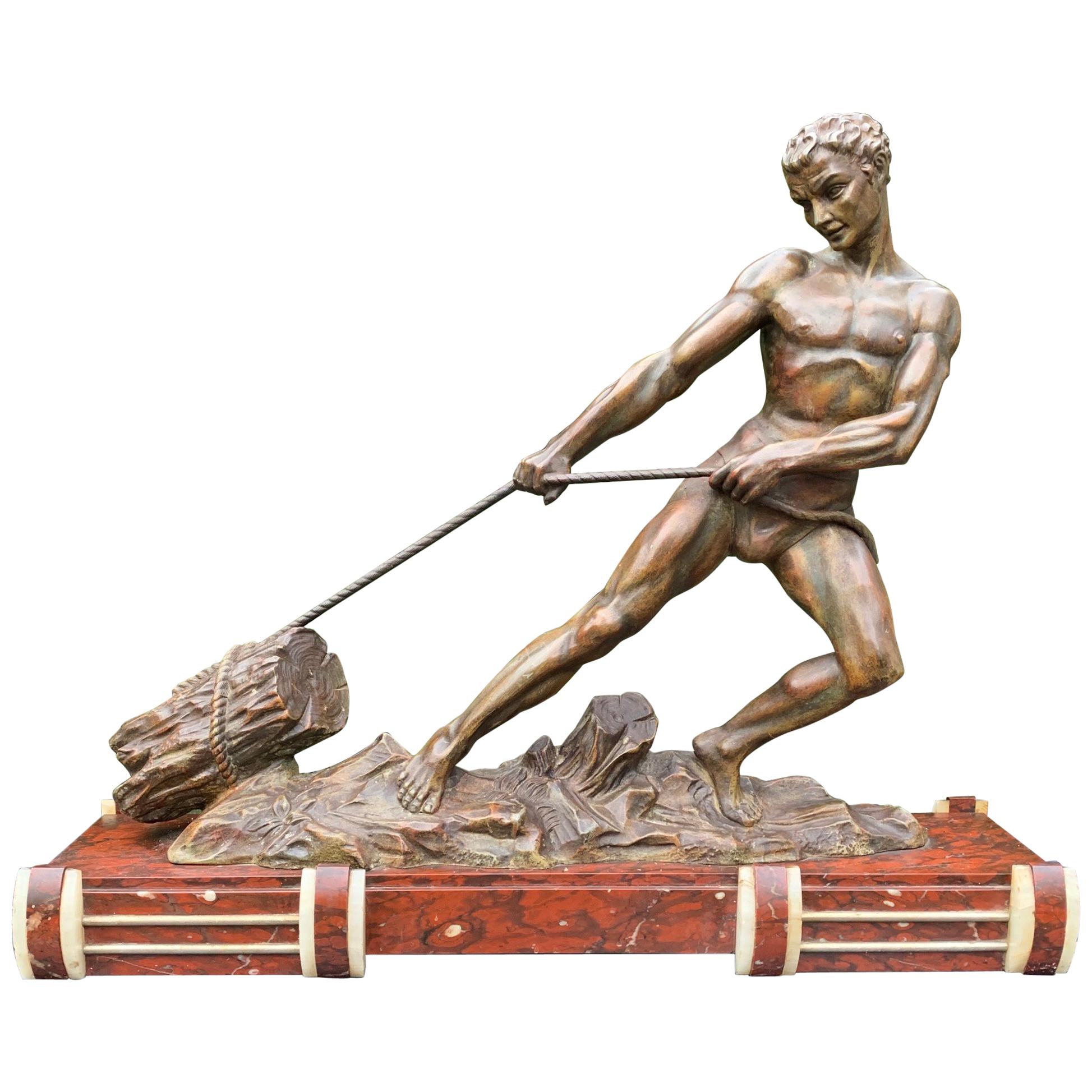 Sculpture masculine Art déco musculaire et athlétique sur socle en marbre de Jean Marie Camus