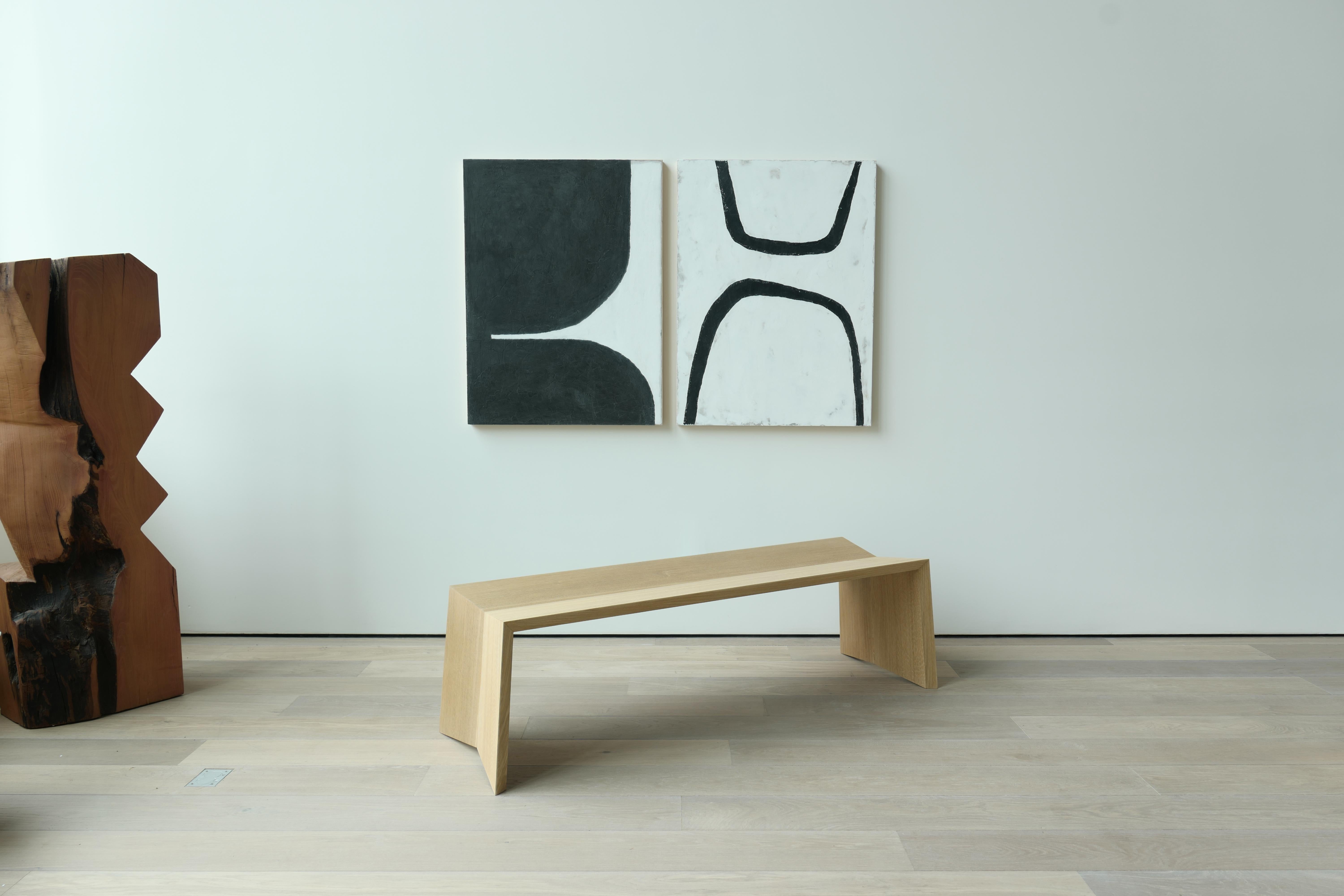Muse bench by Jude Di Leo
Dimensions: 160 x 50 x 47 cm
Materials: Solid white oak
 
Muse was designed with Bear & Lion partner Bernardo Guillermo in 2008. Intended as a museum bench, Muse is constructed in a continuous V-shape that supplies both