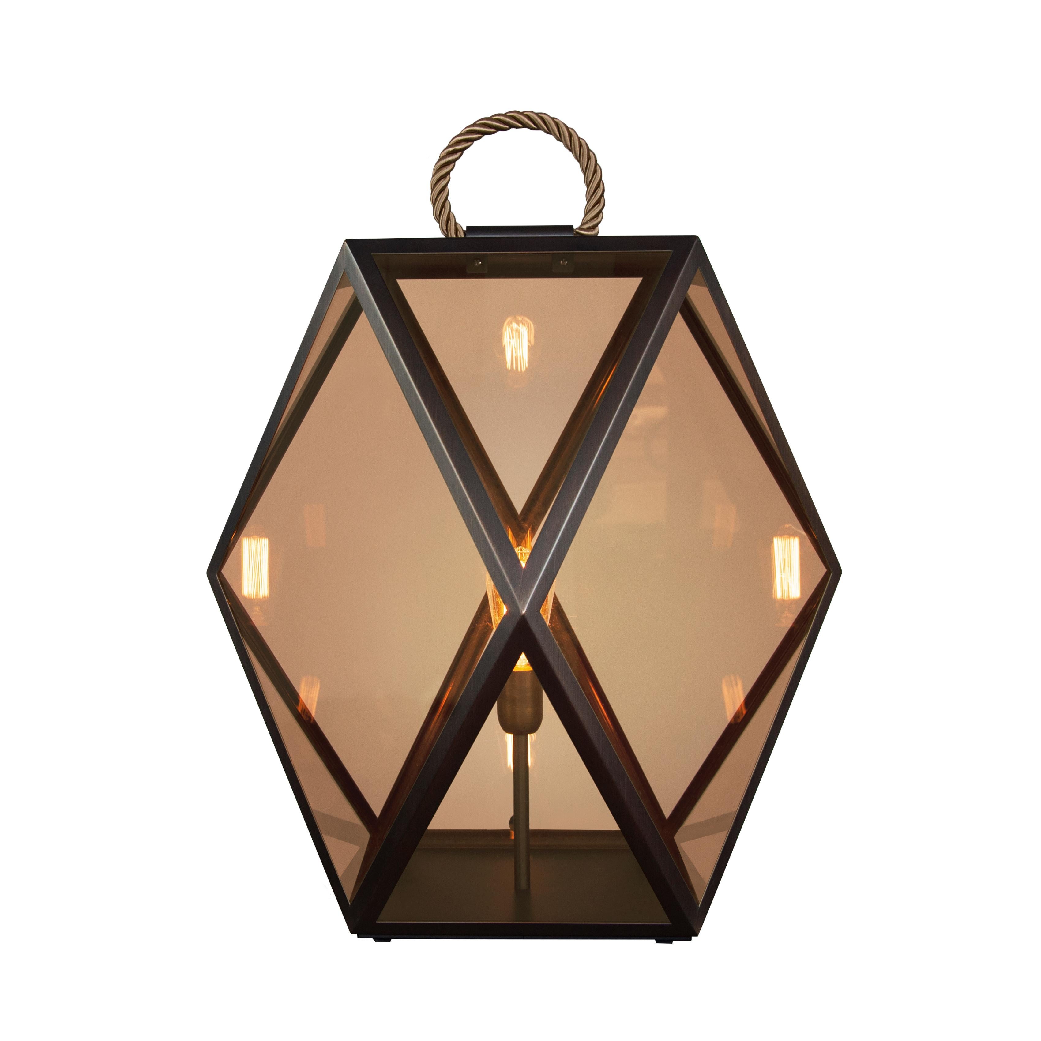 Muse Lantern Lamp in Satin Bronze Structure, Honey-Silk Handle For Sale