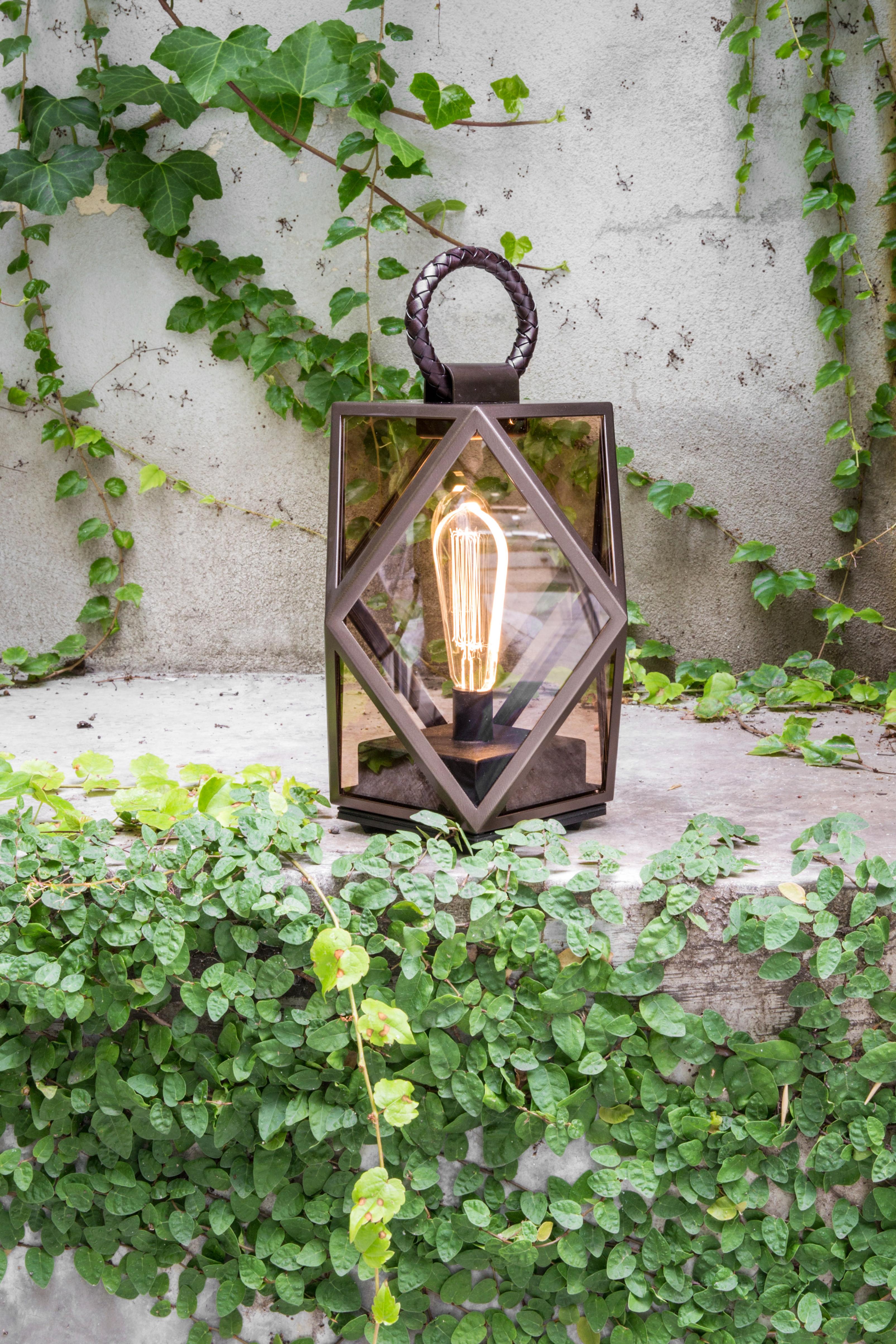 Muse Lantern Outdoor Small Battery Lamp in Bronze Lacquered and Amber Acrylic In New Condition For Sale In Brooklyn, NY