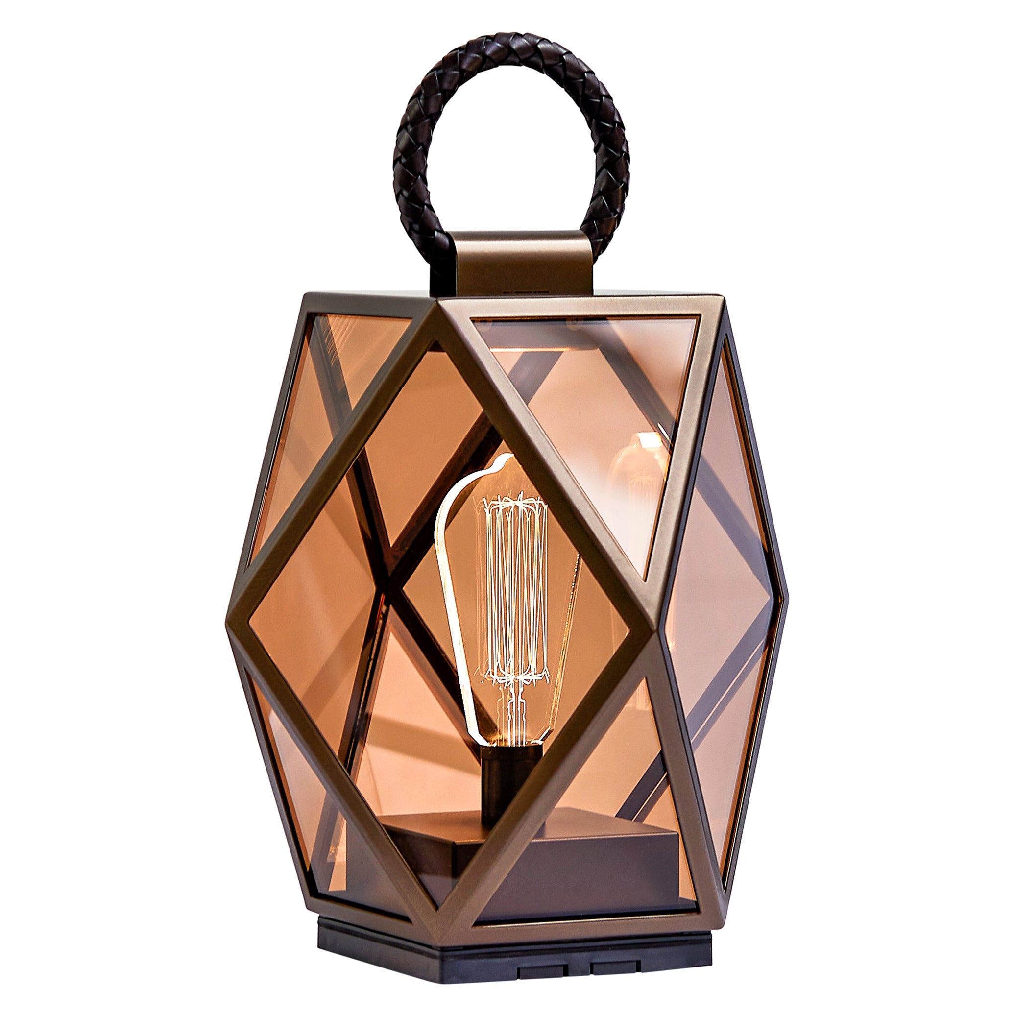 Muse Lantern Pequeña lámpara de exterior a pilas en bronce lacado y acrílico ámbar
