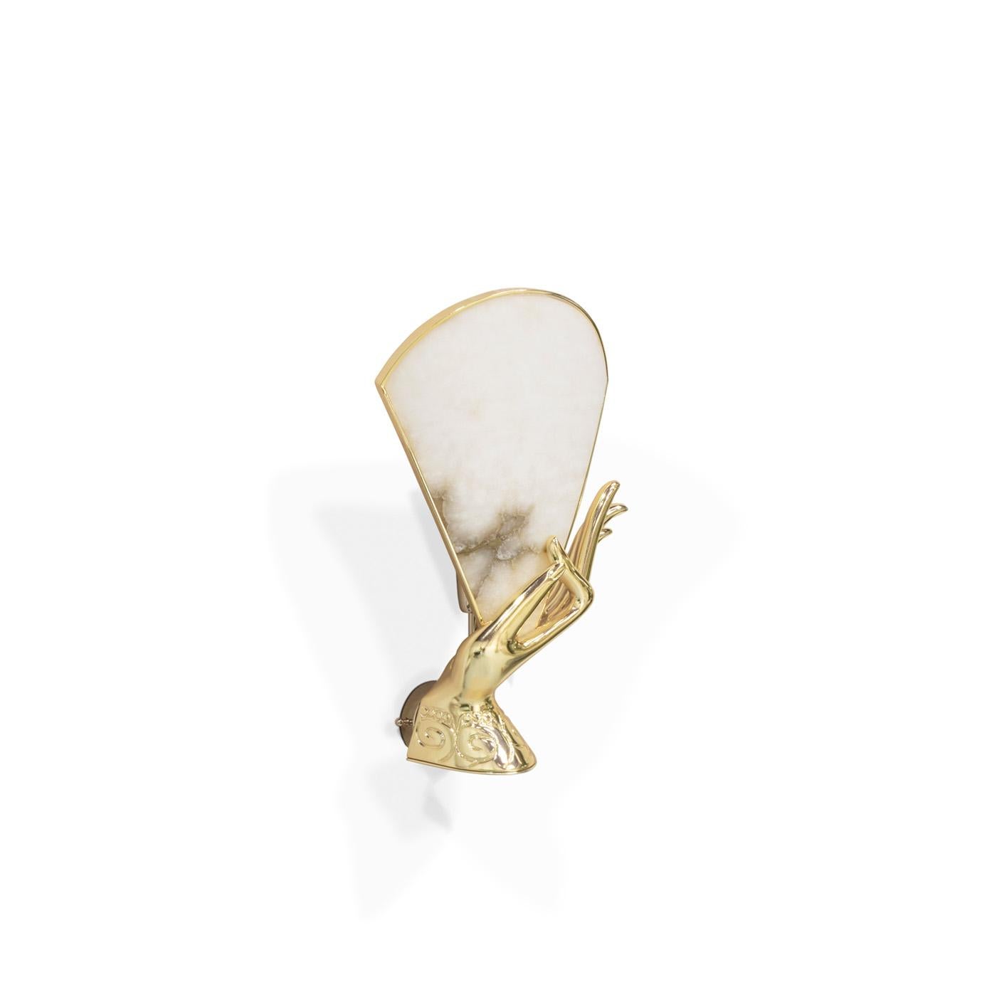 Aroused by all that is beautiful, her gold chromium hand delicately grasps an alabaster fan attempting to cool the glowing heat of her inner light. The Muse Sconce will inspire its voyeurs with its radiant charm from any wall that she graces.
  