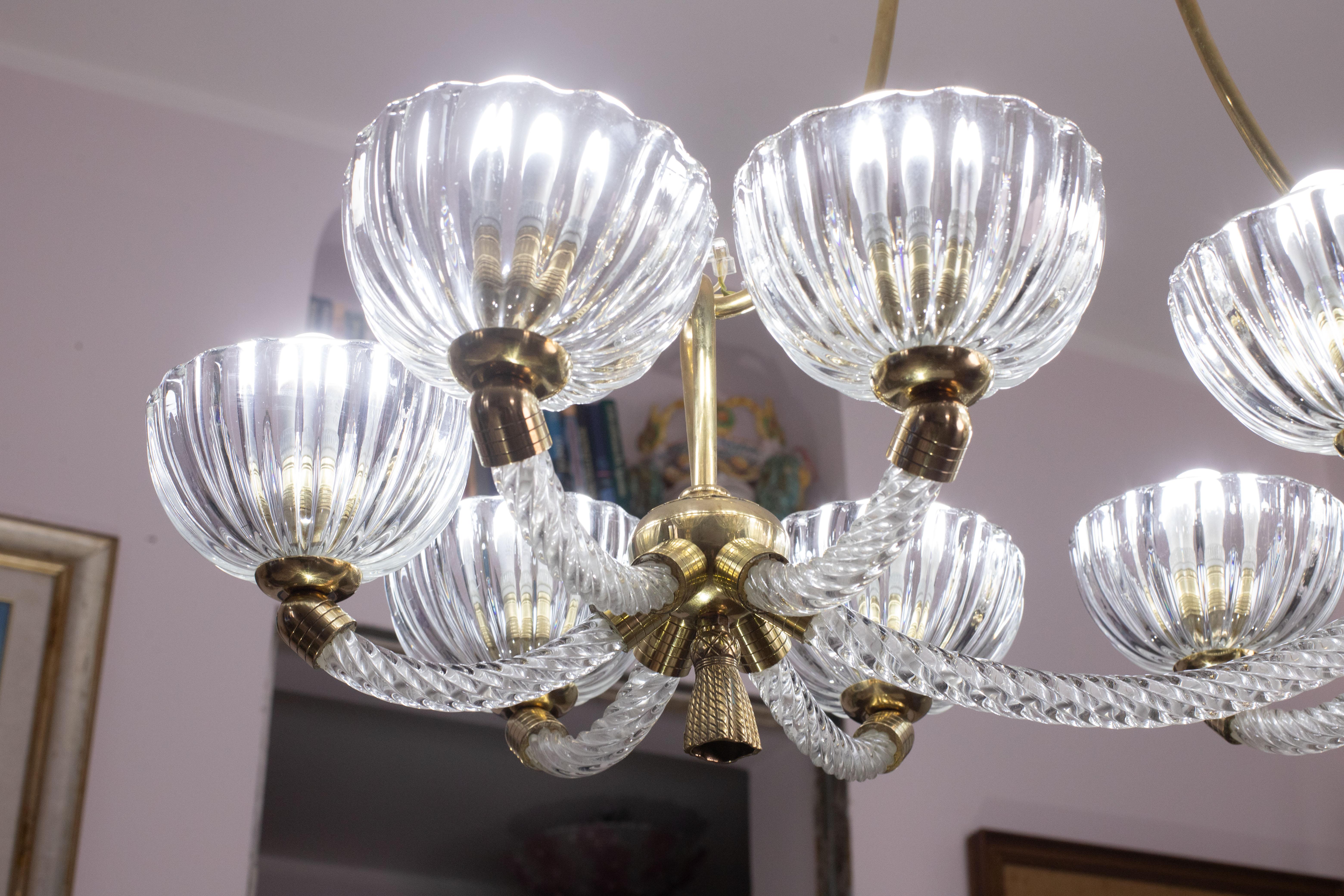 Museal 10 Light Art Deco Murano Glass and Brass Chandelier by Ercole Barovier For Sale 6