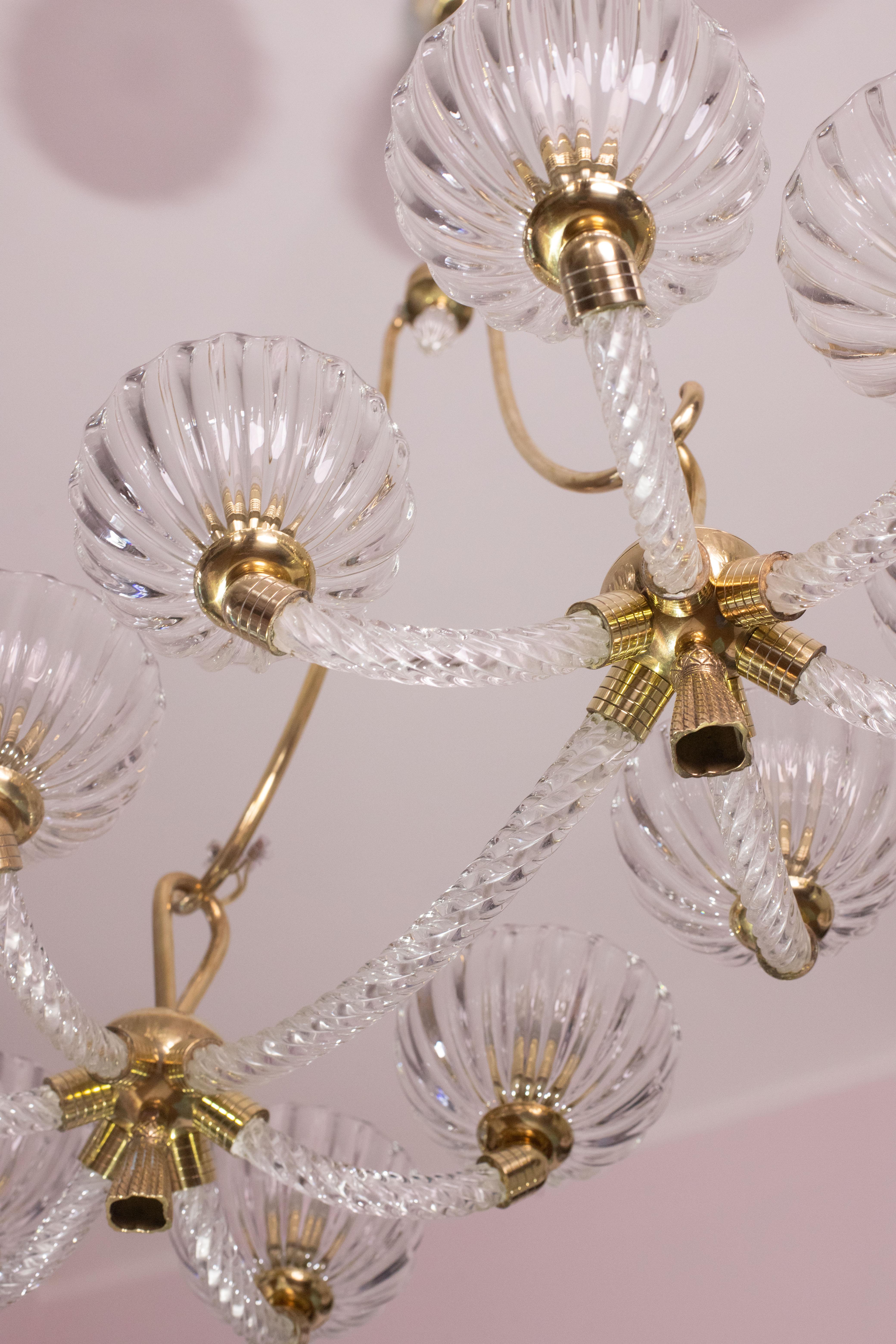 Museal 10 Light Art Deco Murano Glass and Brass Chandelier by Ercole Barovier For Sale 8