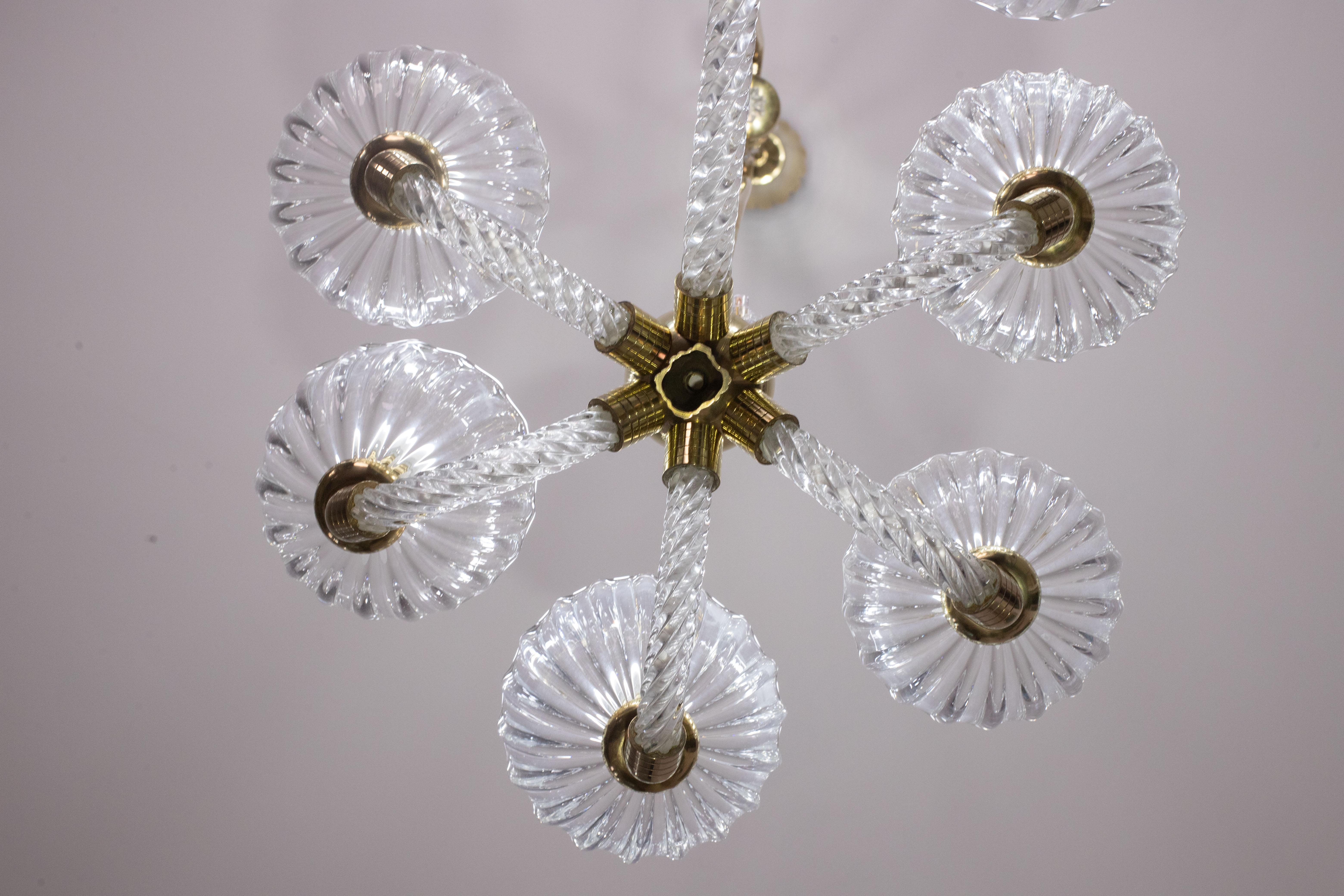 Museal 10 Light Art Deco Murano Glass and Brass Chandelier by Ercole Barovier For Sale 9
