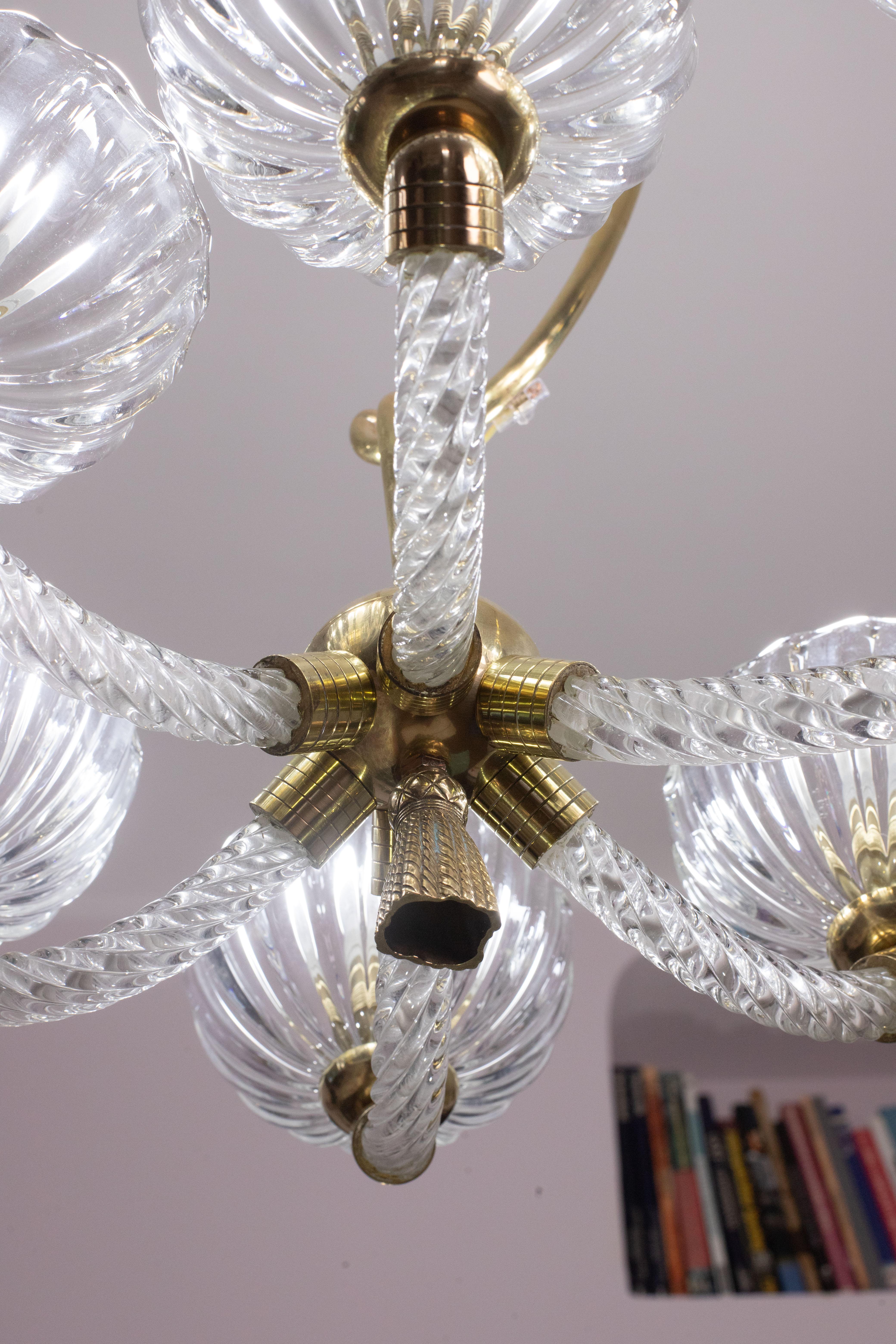 Museal 10 Light Art Deco Murano Glass and Brass Chandelier by Ercole Barovier For Sale 10