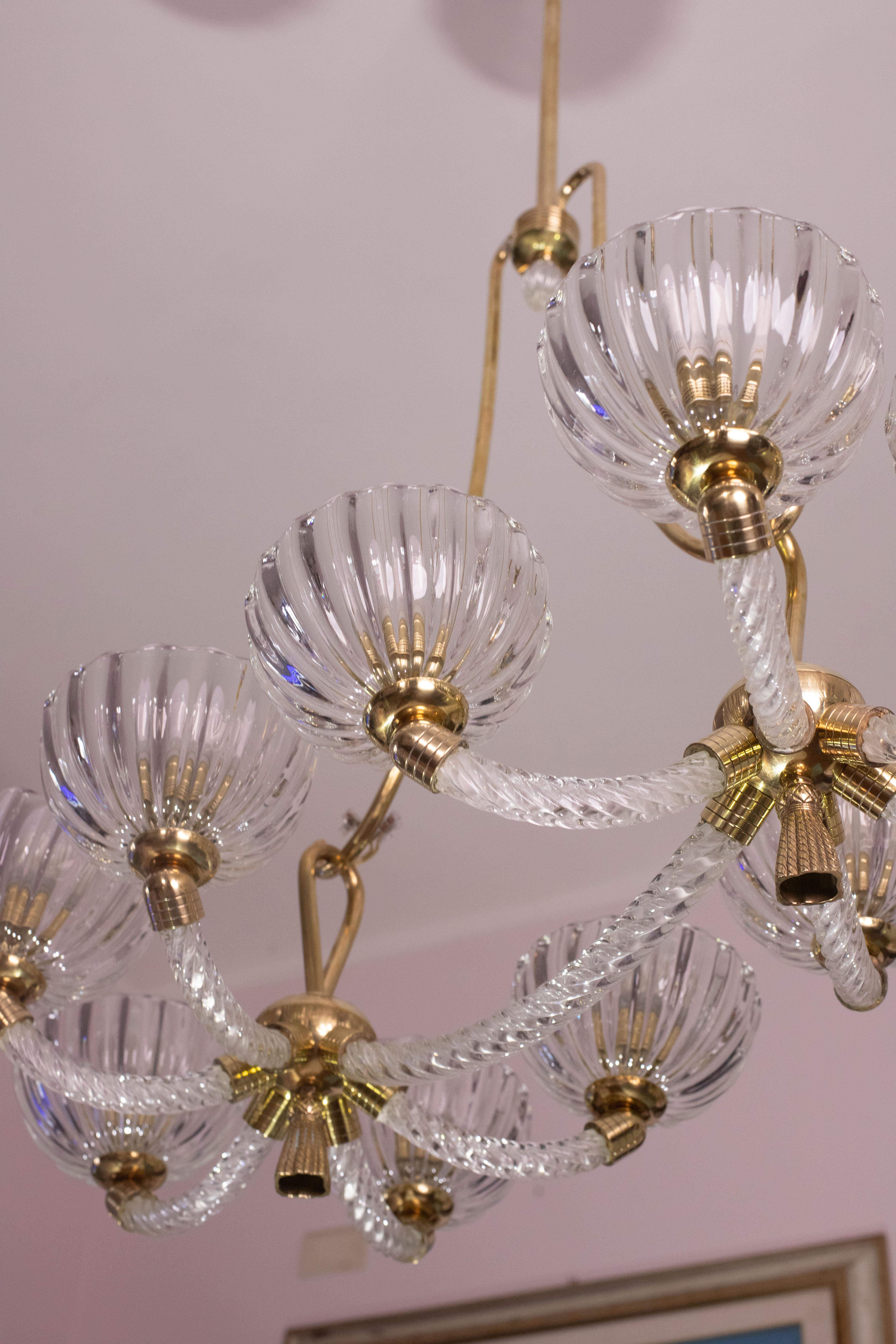 Museal 10 Light Art Deco Murano Glass and Brass Chandelier by Ercole Barovier For Sale 11