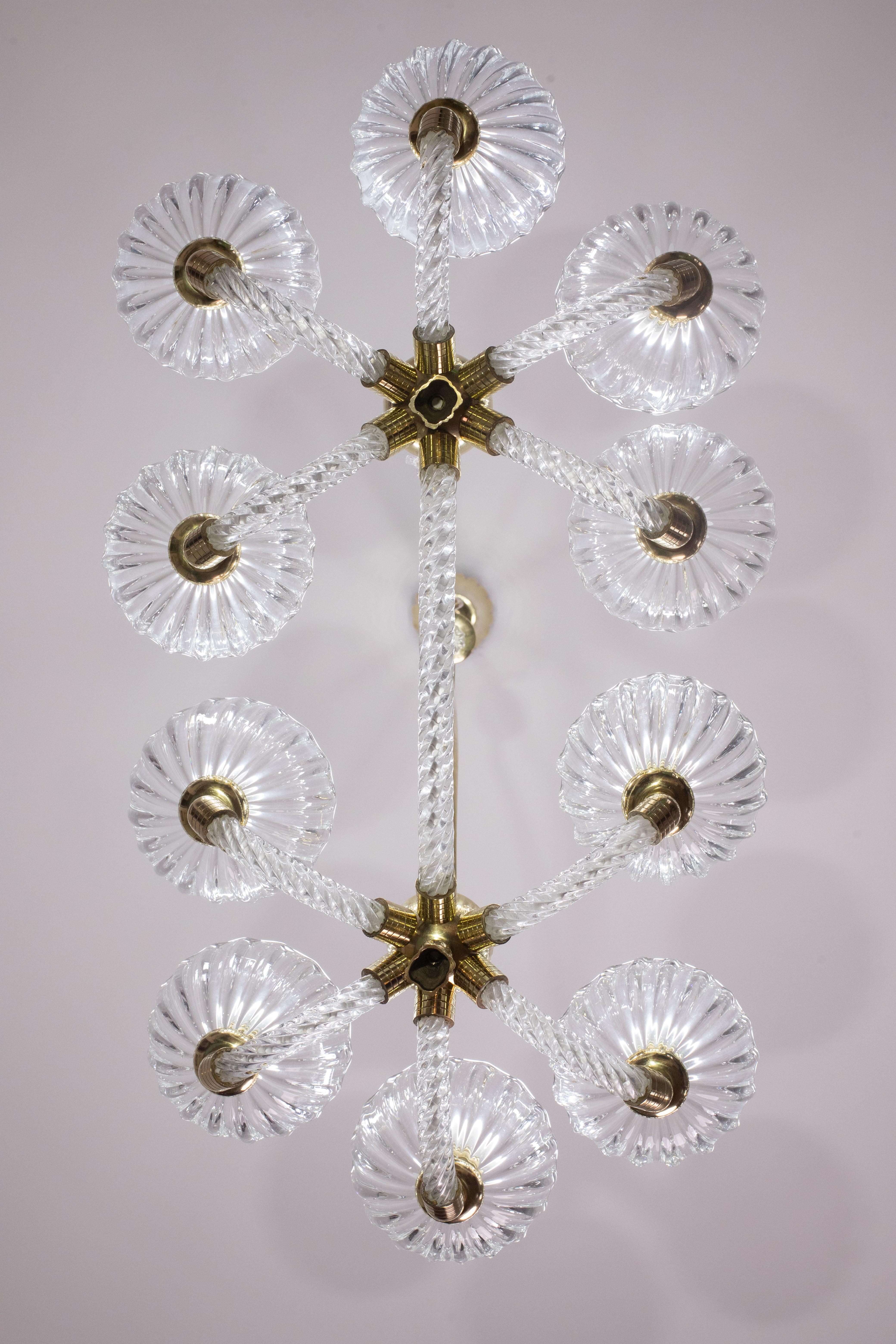 Museal 10 Light Art Deco Murano Glass and Brass Chandelier by Ercole Barovier In Good Condition For Sale In Roma, IT