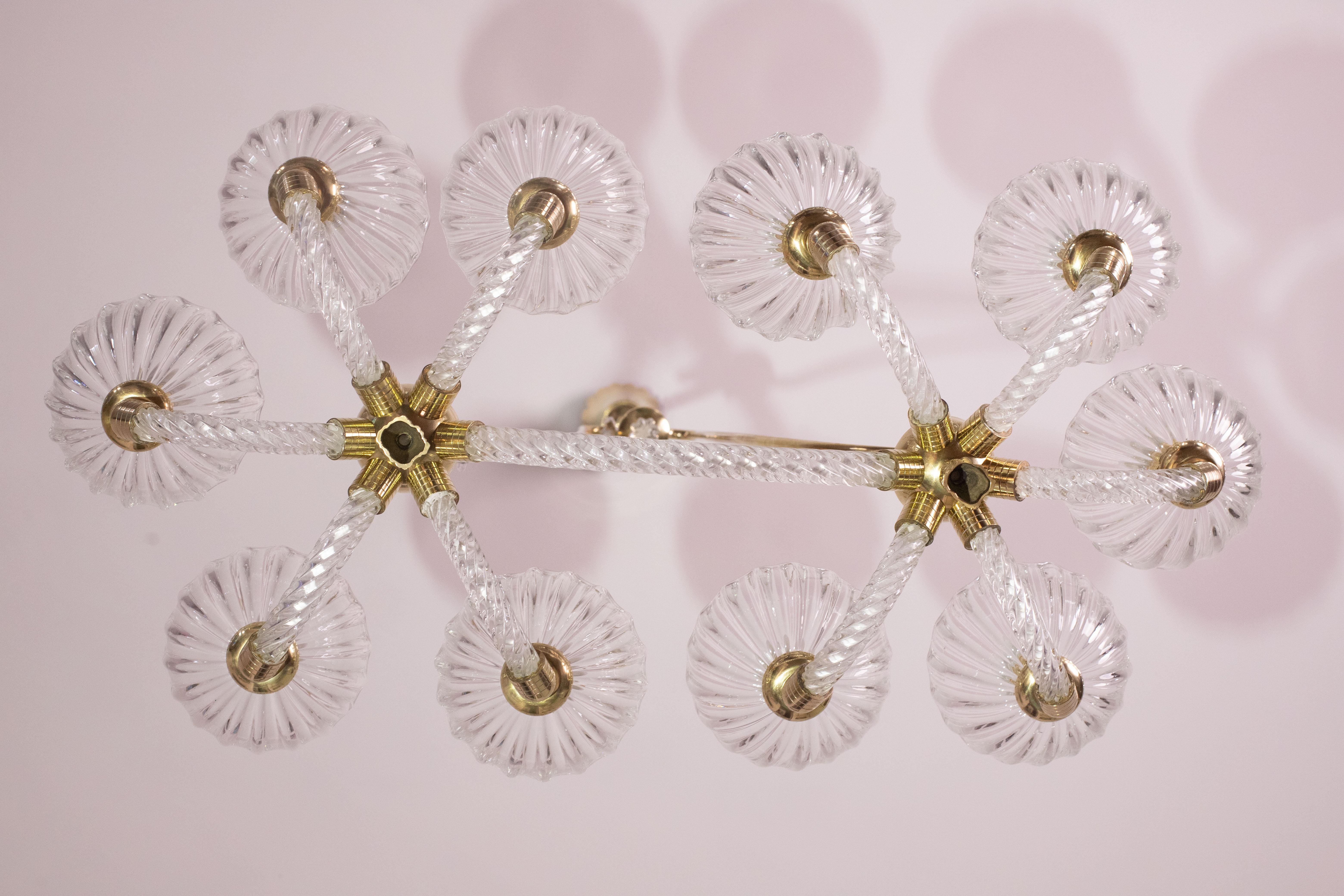 Mid-20th Century Museal 10 Light Art Deco Murano Glass and Brass Chandelier by Ercole Barovier For Sale