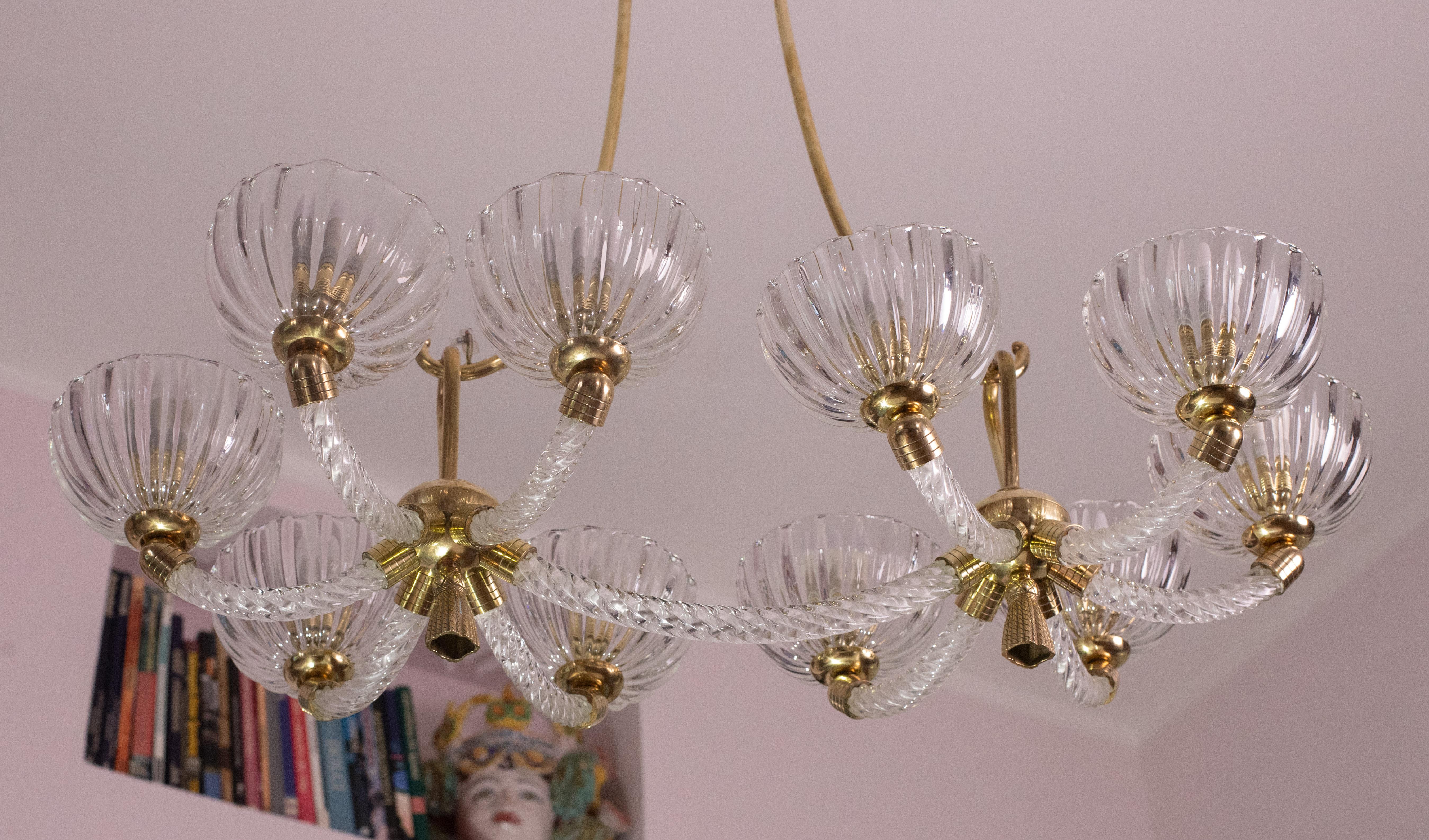 Museal 10 Light Art Deco Murano Glass and Brass Chandelier by Ercole Barovier For Sale 2