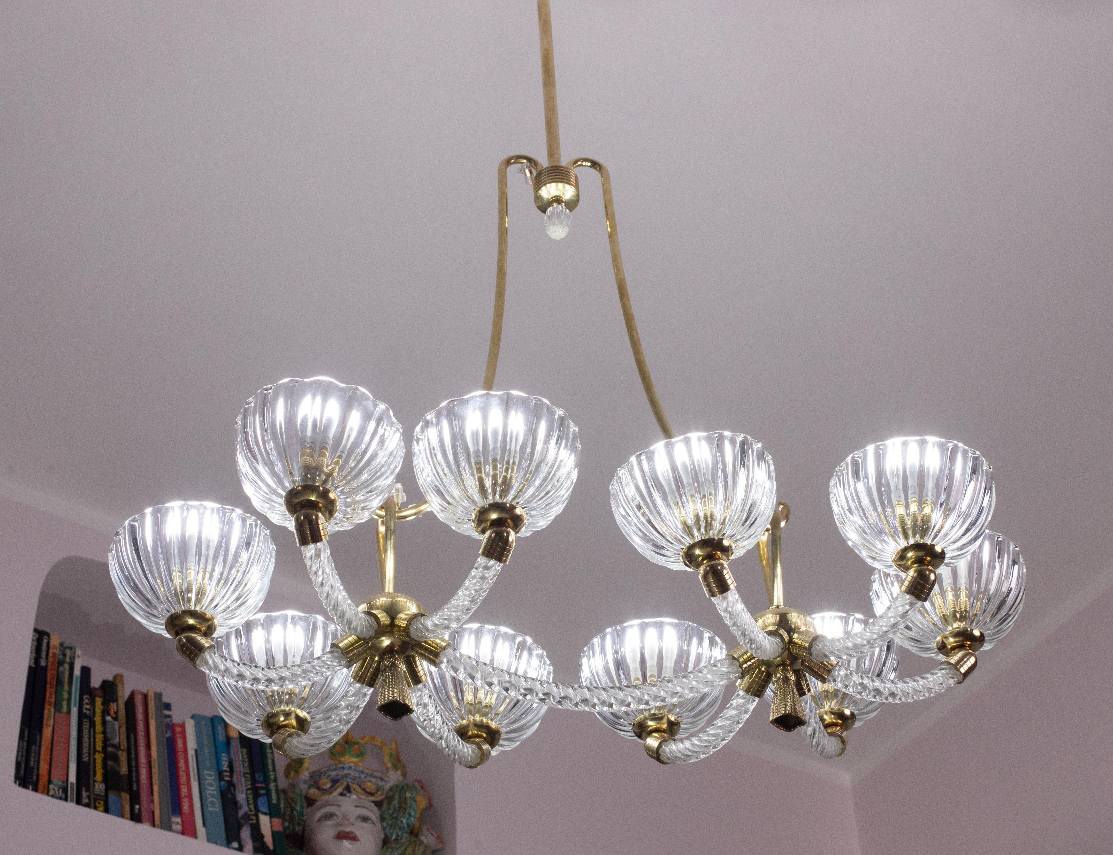 Museal 10 Light Art Deco Murano Glass and Brass Chandelier by Ercole Barovier For Sale 3