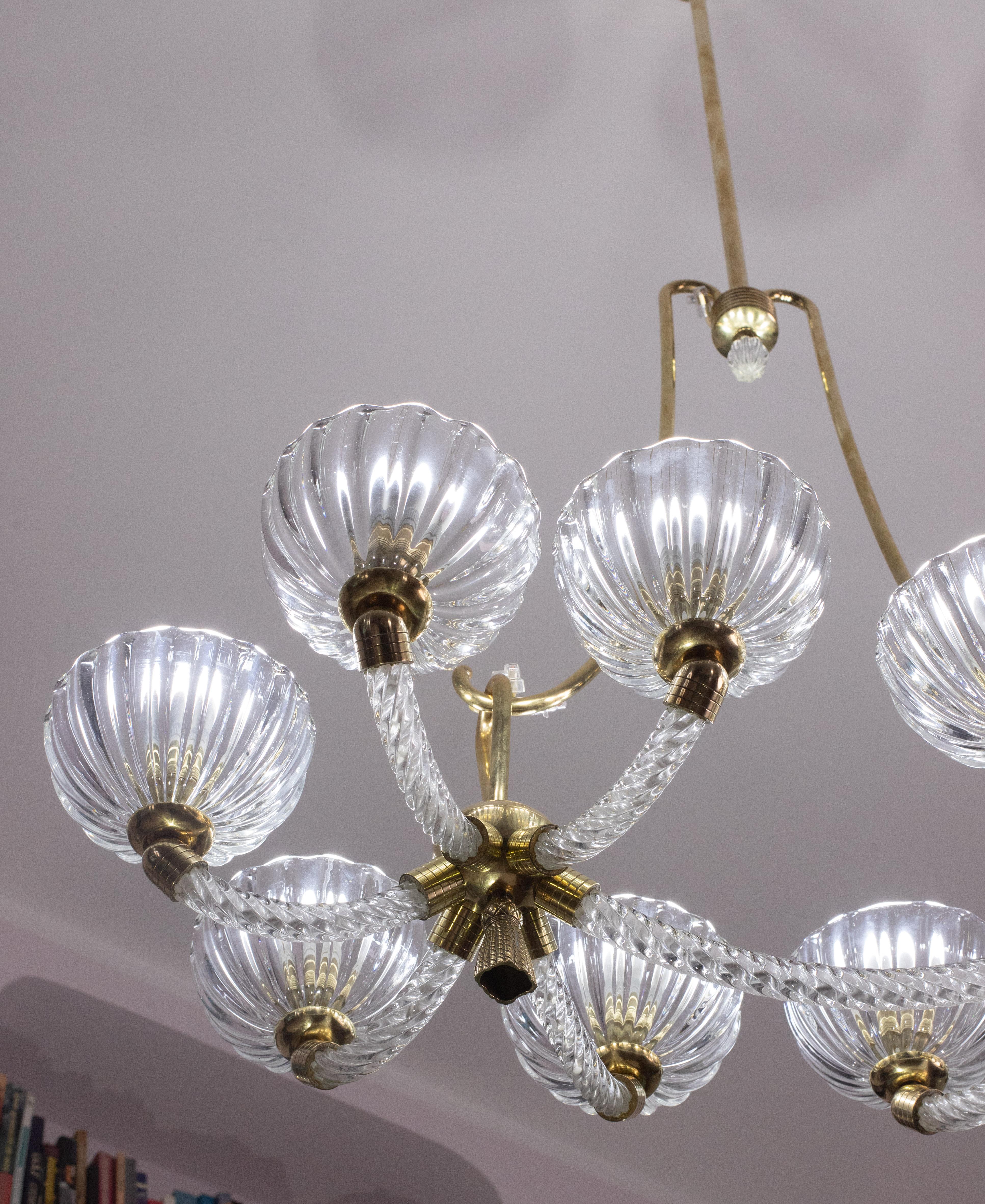 Museal 10 Light Art Deco Murano Glass and Brass Chandelier by Ercole Barovier For Sale 4