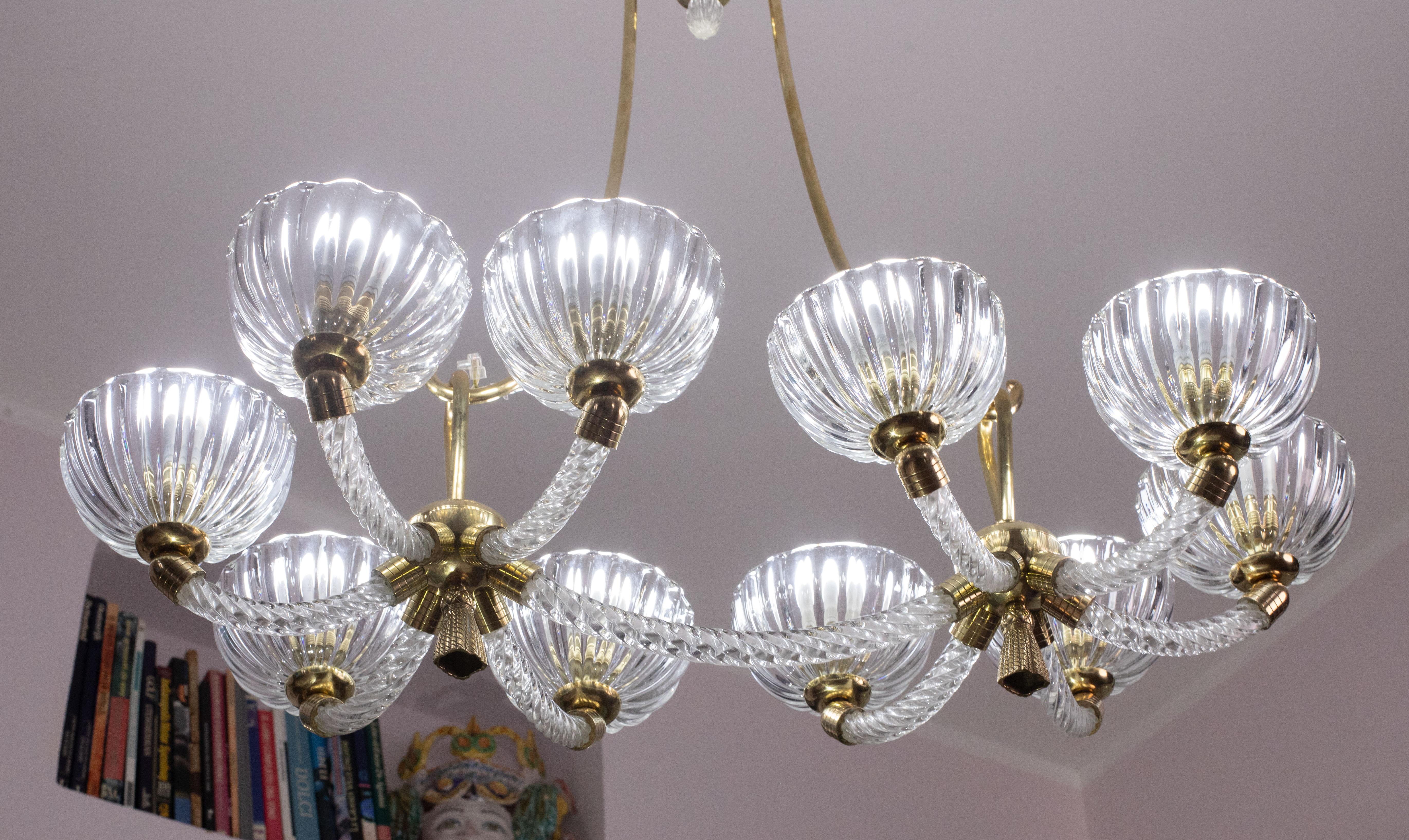 Museal 10 Light Art Deco Murano Glass and Brass Chandelier by Ercole Barovier For Sale 5