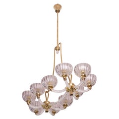 Museal 10 Light Art Deco Murano Glass and Brass Chandelier by Ercole Barovier