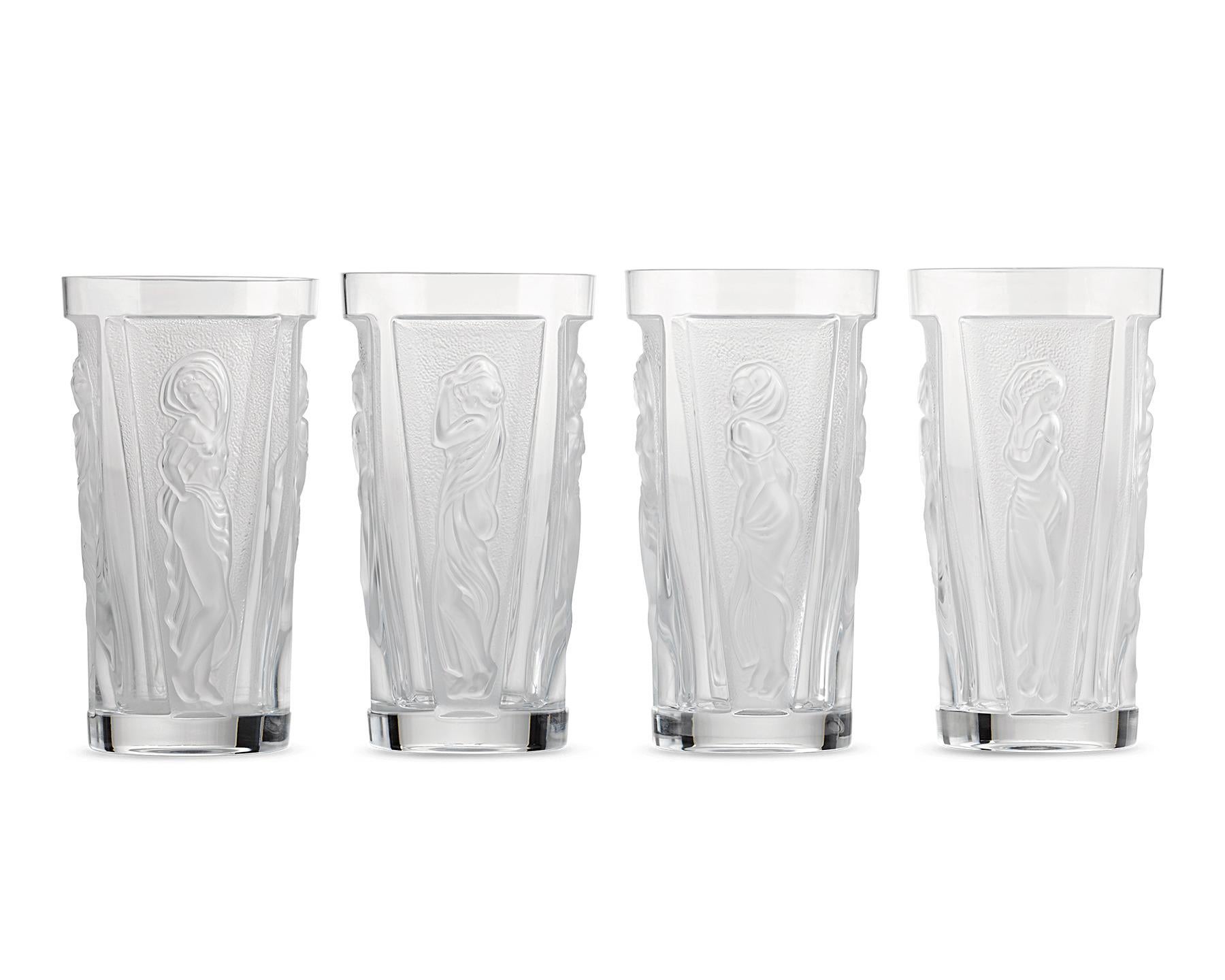 This set of 10 highball glasses channels the inspirational goddesses of Greek mythology in its motif aptly named Muses. Crafted by the famed French cristallerie Lalique, the motif is based on the 1994 perfume bottle pattern Les Muses that was a