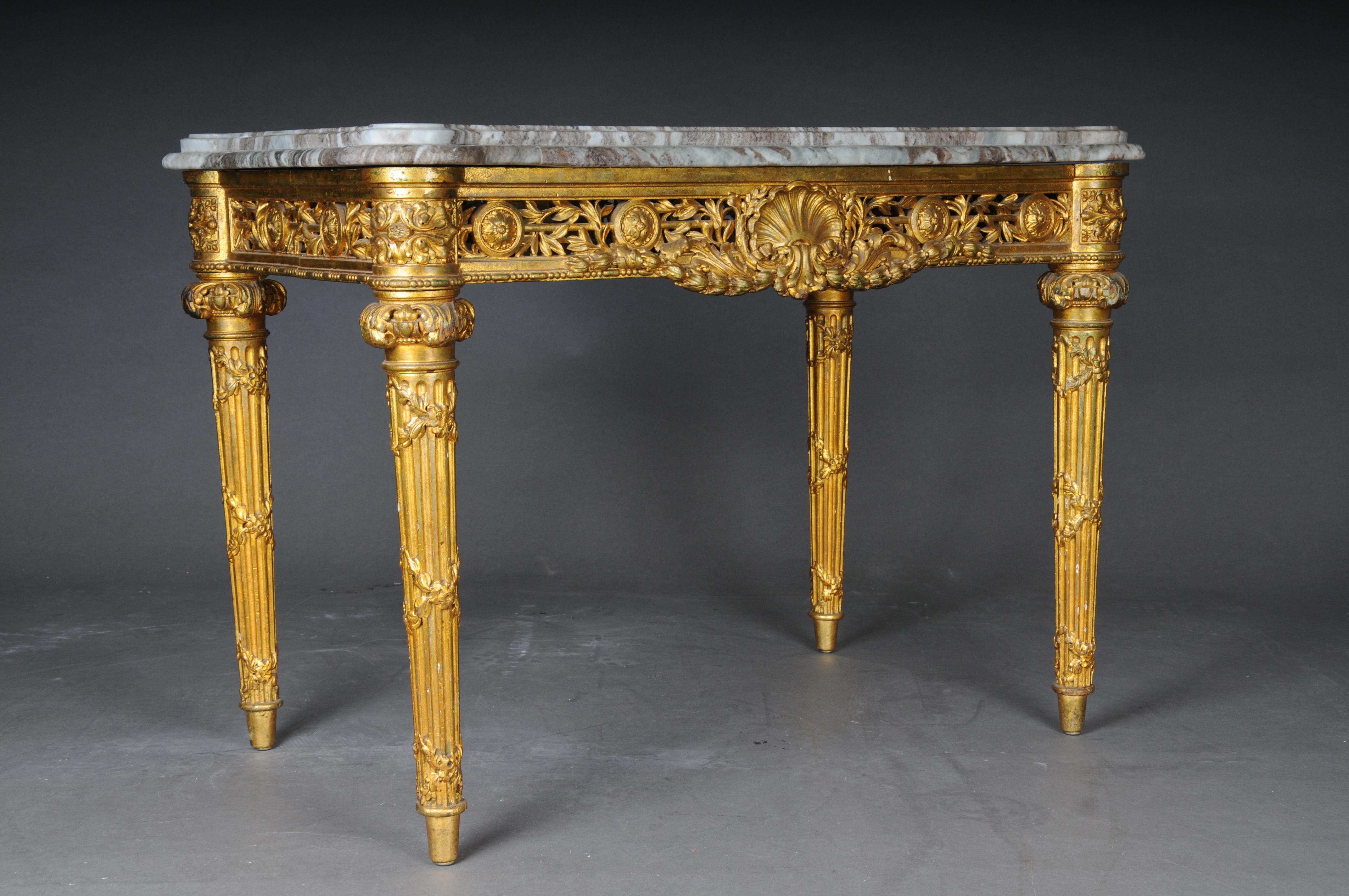 Wood Museum antique coffee table/console table gilded with marble around 1860, Paris For Sale