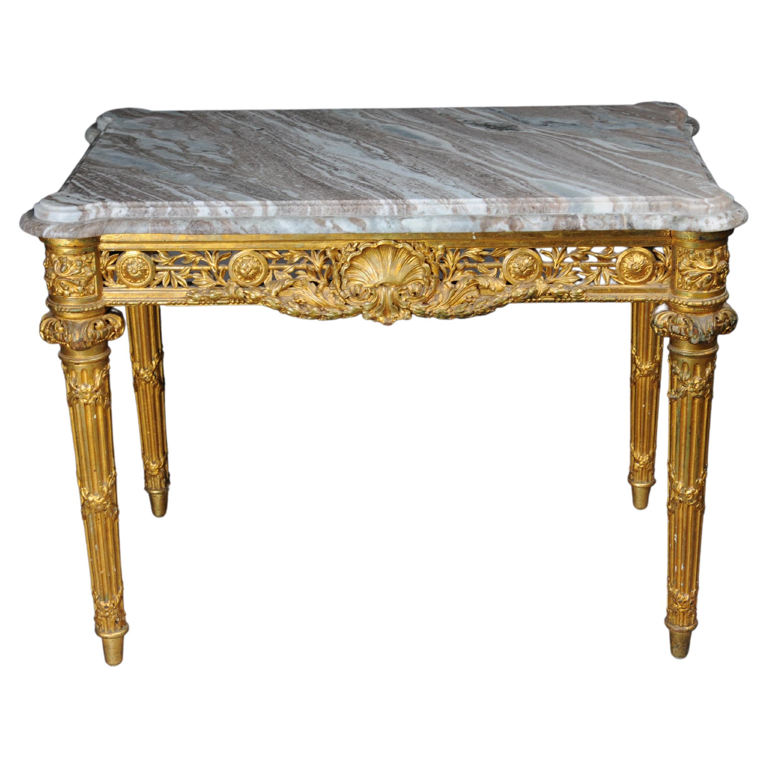 Museum antique coffee table/console table gilded with marble around 1860, Paris For Sale