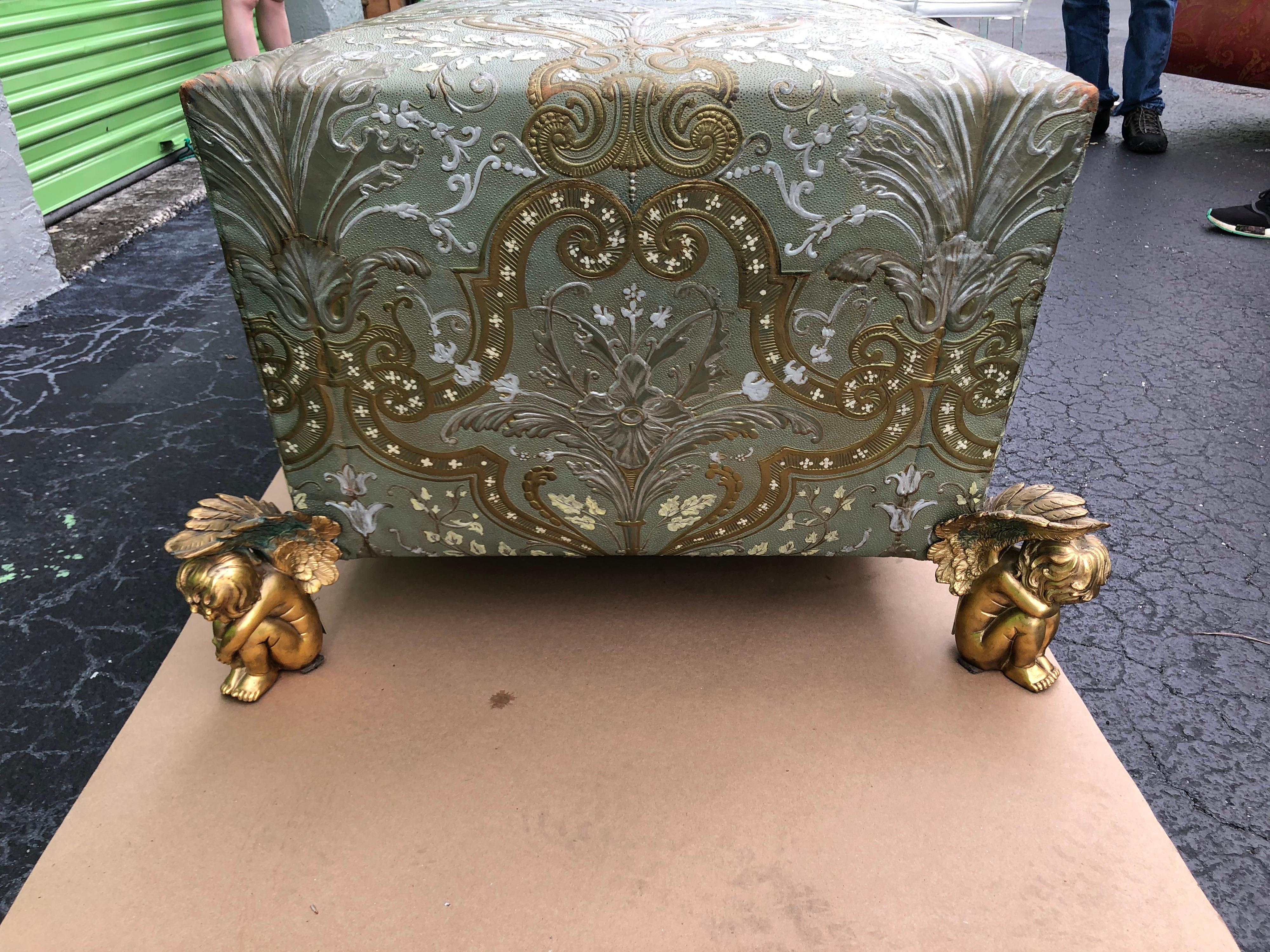 Muséum Bench Sofa by Maison Fey, Cordova Leather, Gilt Bronze Winged Putto Feet For Sale 4