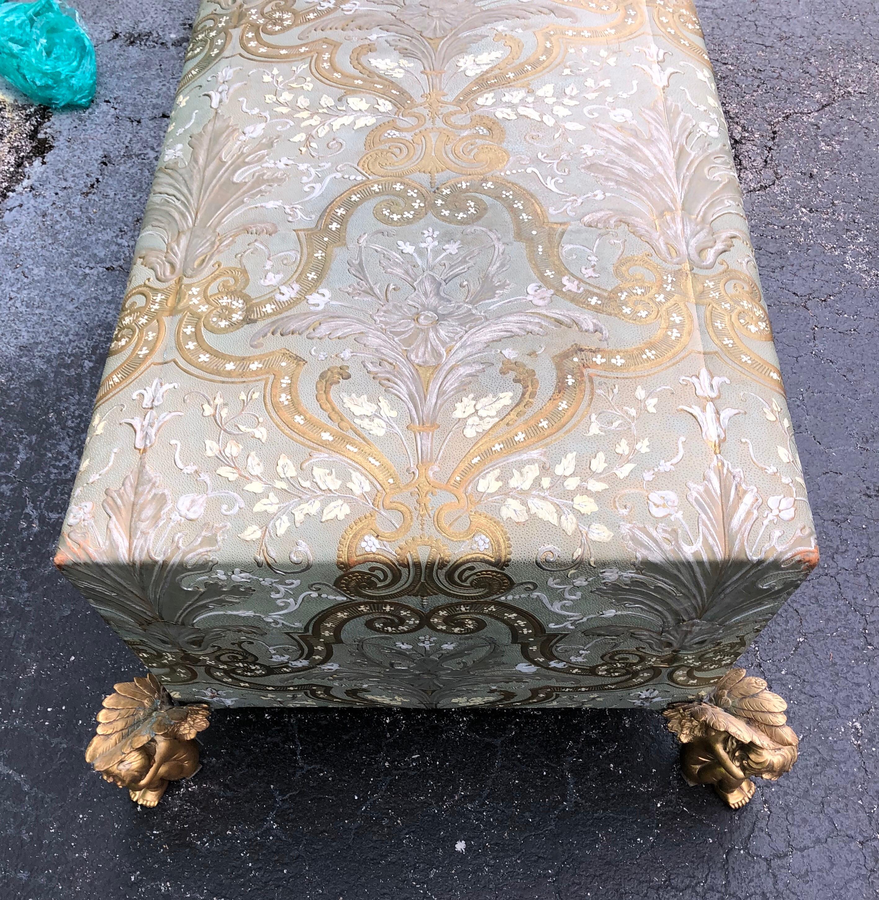 Muséum Bench Sofa by Maison Fey, Cordova Leather, Gilt Bronze Winged Putto Feet For Sale 5