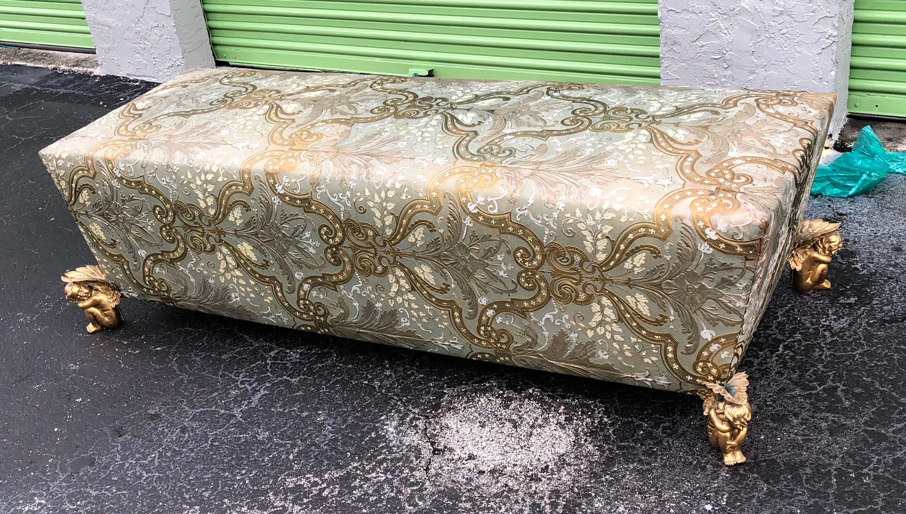 Embossed Muséum Bench Sofa by Maison Fey, Cordova Leather, Gilt Bronze Winged Putto Feet For Sale