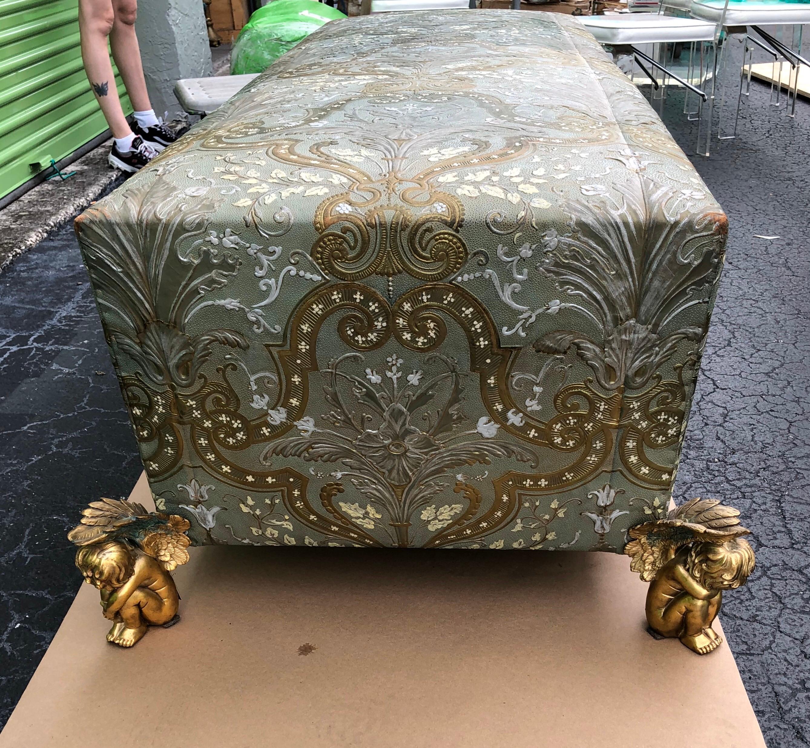 Muséum Bench Sofa by Maison Fey, Cordova Leather, Gilt Bronze Winged Putto Feet In New Condition For Sale In Fort Lauderdale, FL