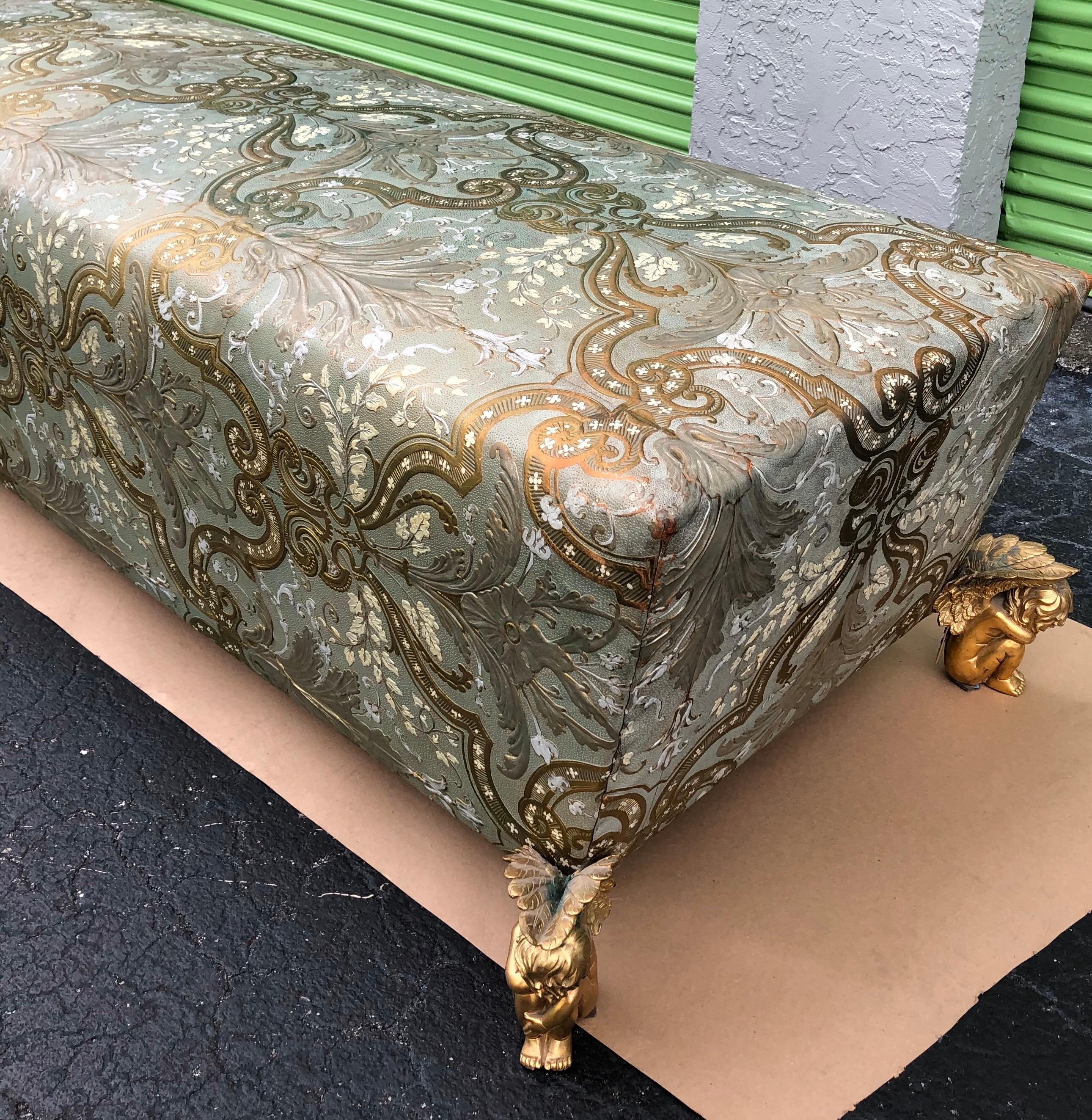 Muséum Bench Sofa by Maison Fey, Cordova Leather, Gilt Bronze Winged Putto Feet For Sale 1