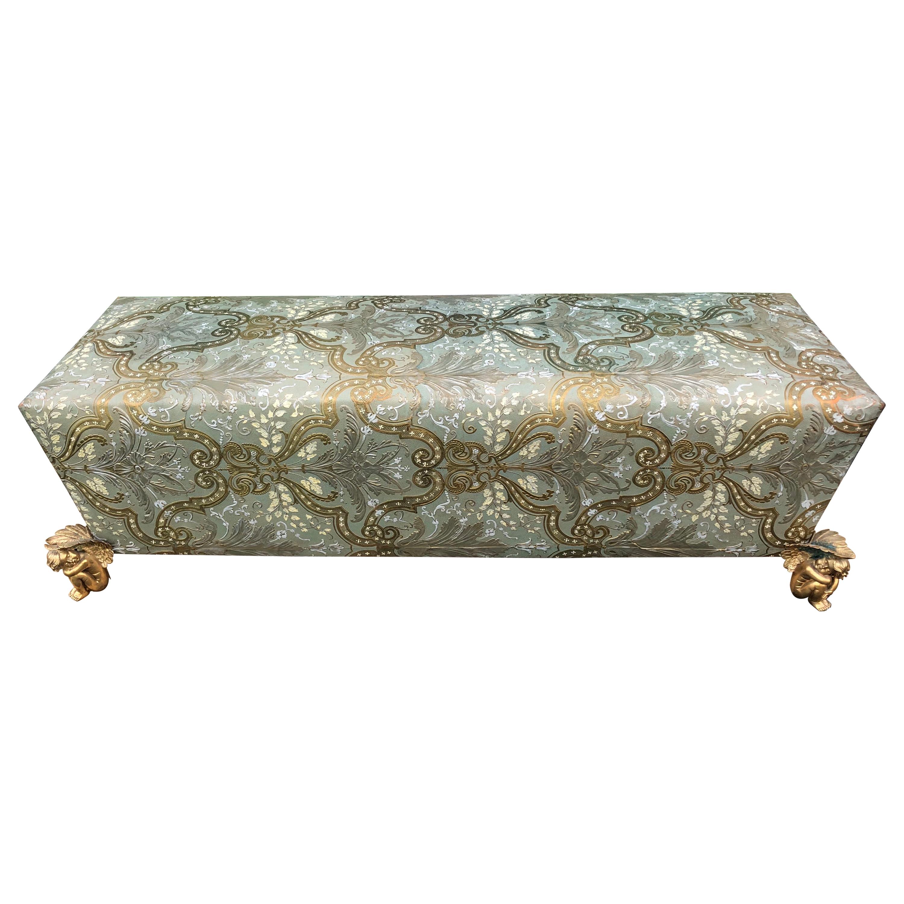 Muséum Bench Sofa by Maison Fey, Cordova Leather, Gilt Bronze Winged Putto Feet For Sale