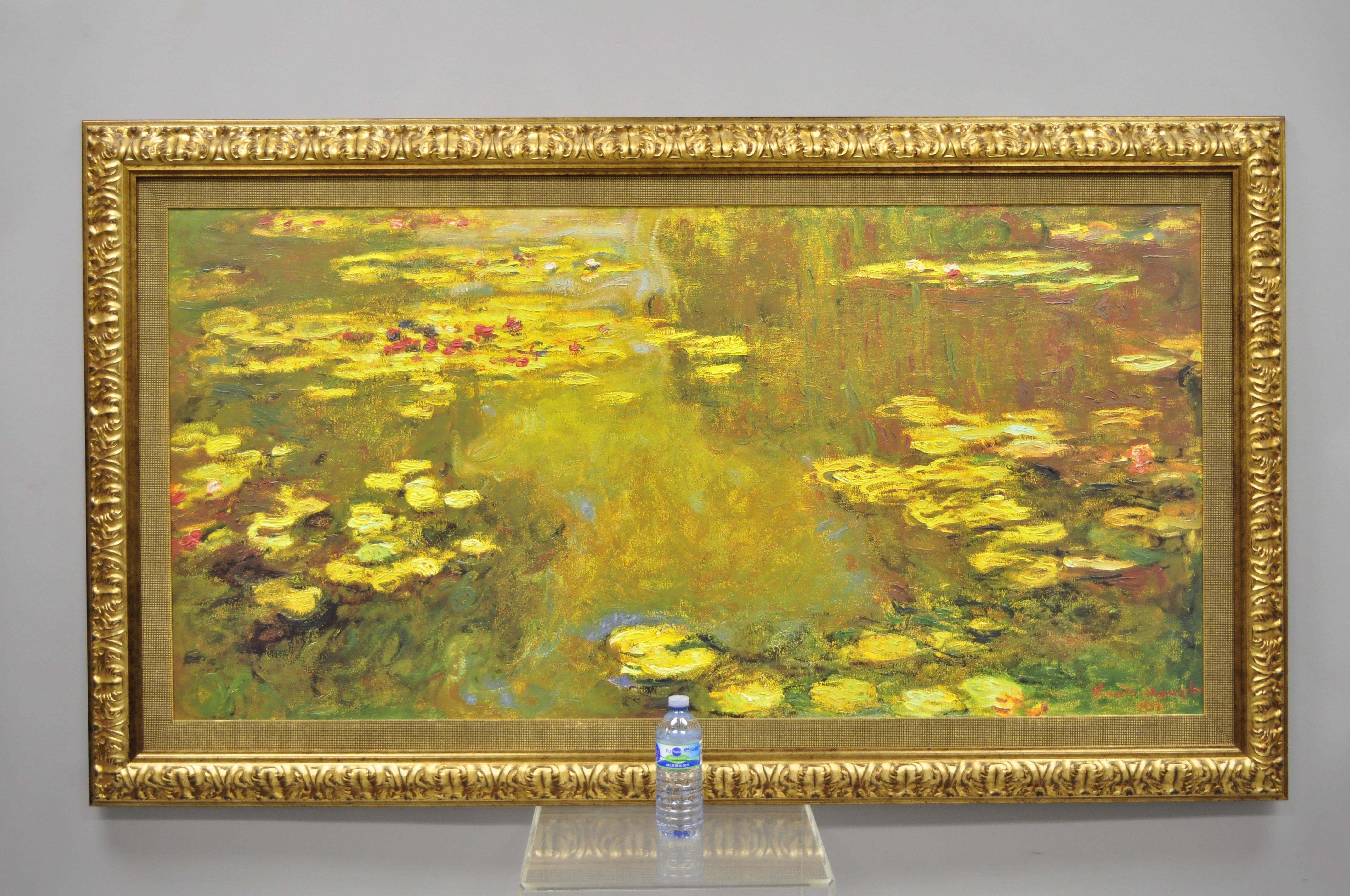 Museum Brushstrokes collection large Claude Monet pond of water lilies oil on canvas painting. Item features Large gold open style frame, oil reproduction done on canvas with hand applied brushstroke finish, hand finished by artist, from the