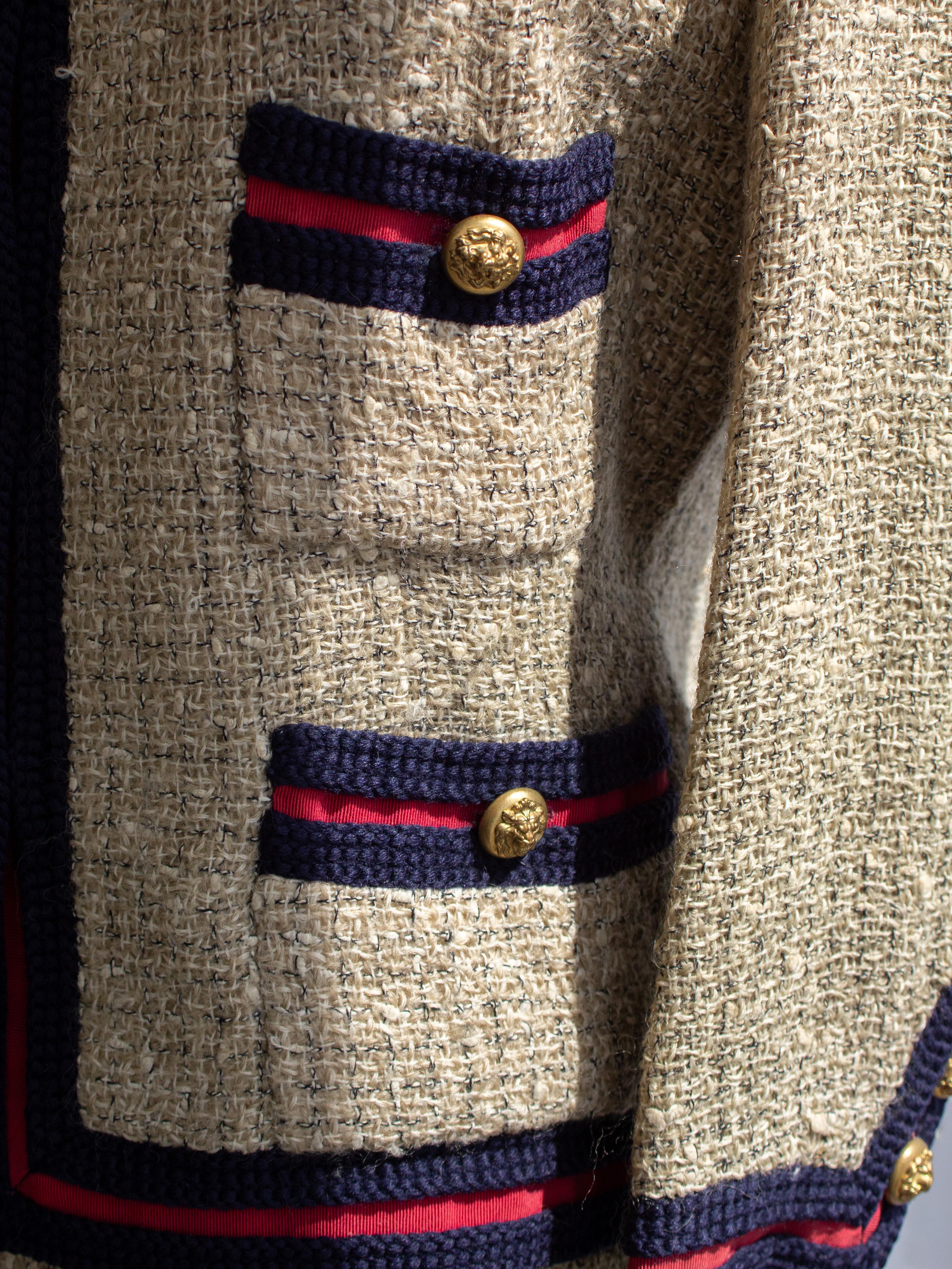 Museum Chanel Haute Couture 1961 Coco Beige Red Blue Tweed Jacket Skirt Suit For Sale 5