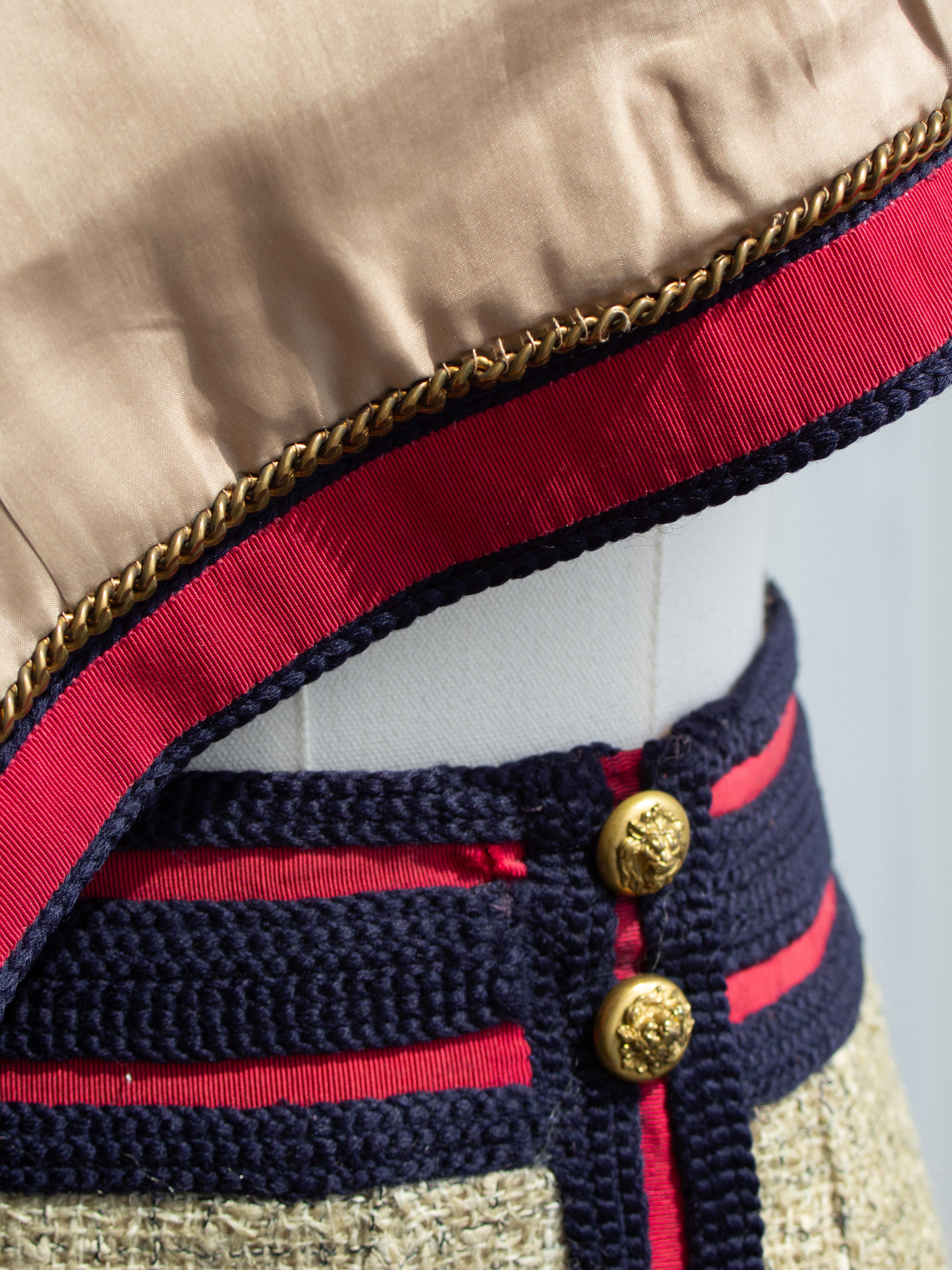 Museum Chanel Haute Couture 1961 Coco Beige Red Blue Tweed Jacket Skirt Suit For Sale 9