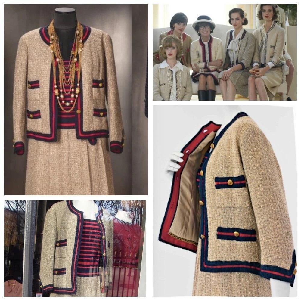 Magnificent Haute Couture tweed jacket and skirt ensemble from the Coco Chanel era, dating to the 1961. Crafted from beige linen tweed with raspberry red and navy-blue braided trims, this museum-worthy suit is one of the most iconic Chanel designs