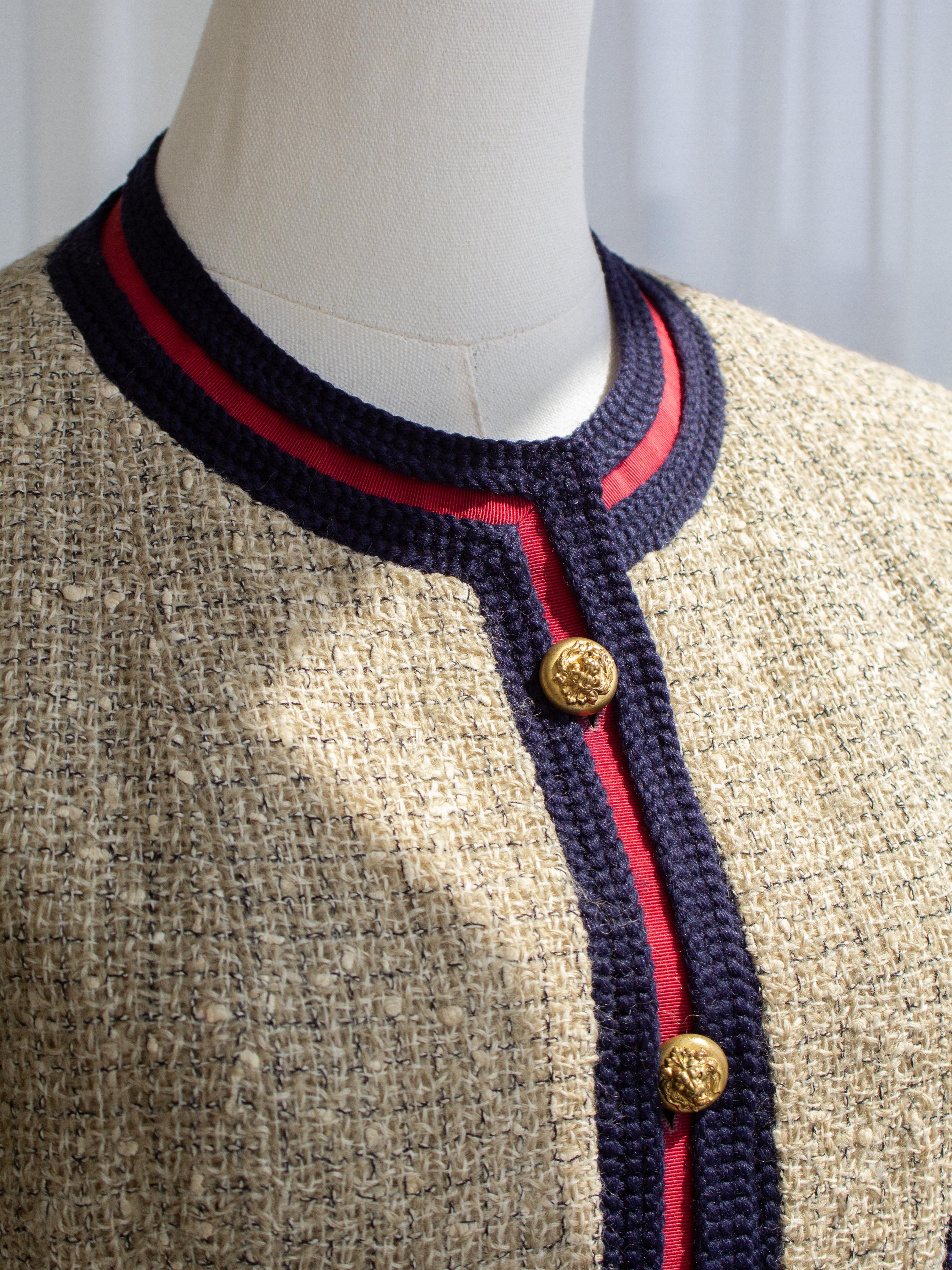 Museum Chanel Haute Couture 1961 Coco Beige Red Blue Tweed Jacket Skirt Suit For Sale 3