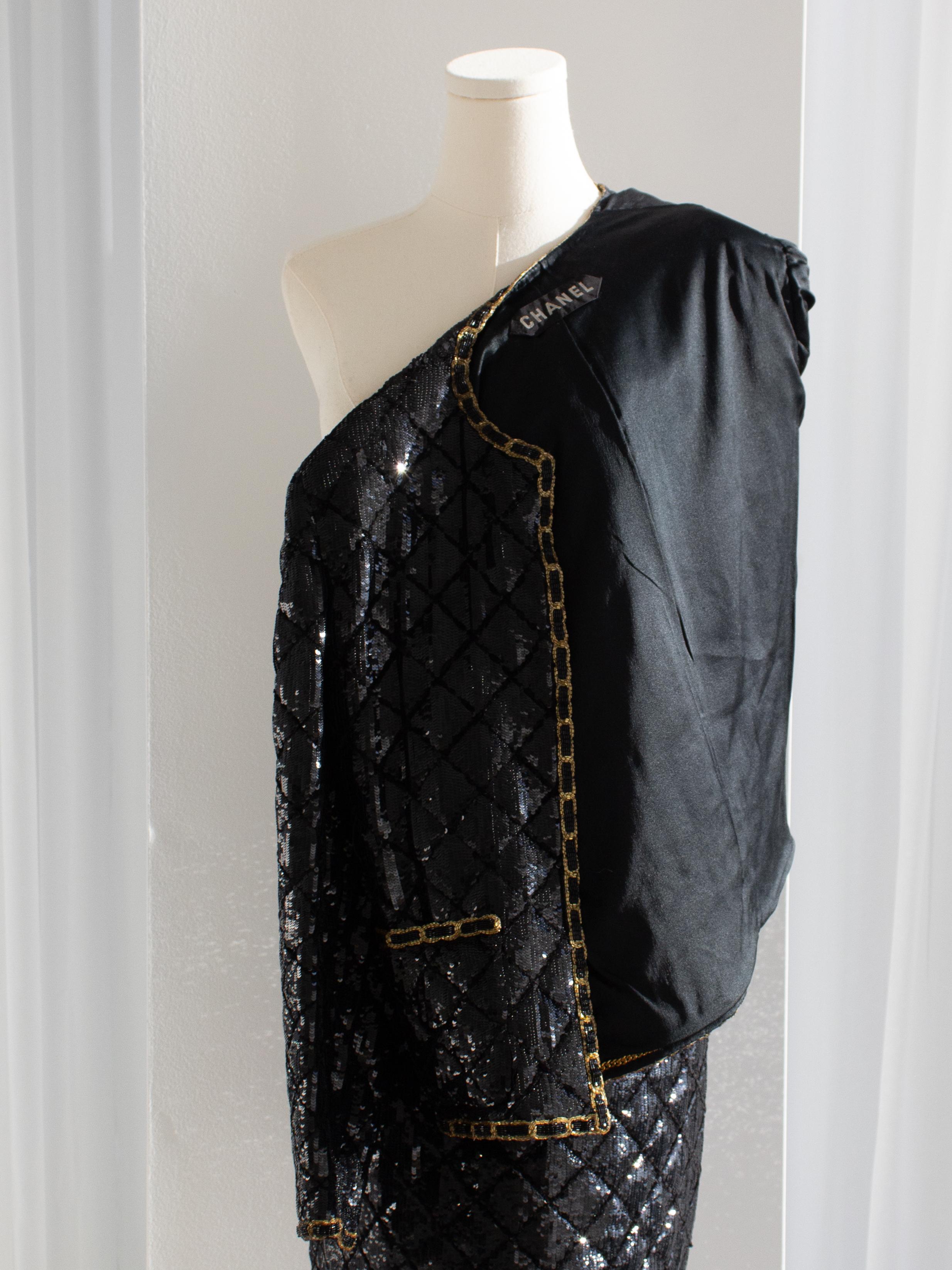Museum Chanel Haute Couture H/W 1986 Schwarz Gold Pailletten Lesage Jacke Rock Anzug im Angebot 12