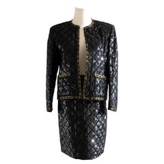 Museum Chanel Haute Couture F/W 1986 Black Gold Sequin Lesage Jacket Skirt Suit