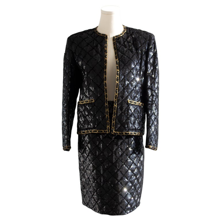 Museum Chanel Haute Couture F/W 1986 Black Gold Sequin Lesage Jacket Skirt  Suit