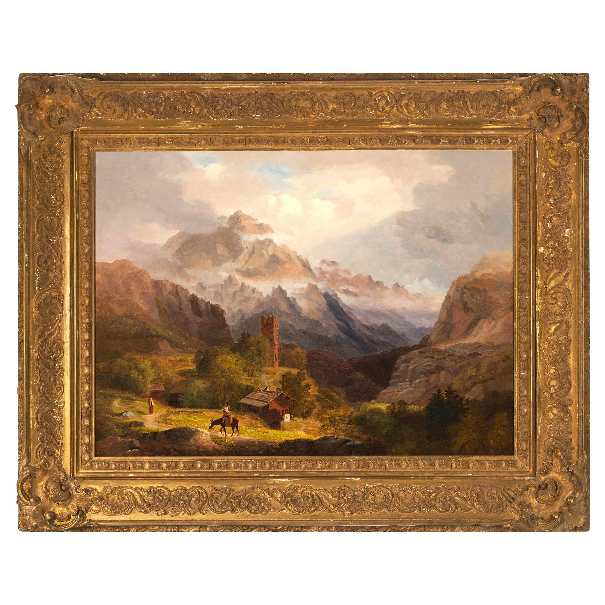 Museum Exhibited "An Alpine View, Switzerland" Oil Painting by Alvan Fisher en vente