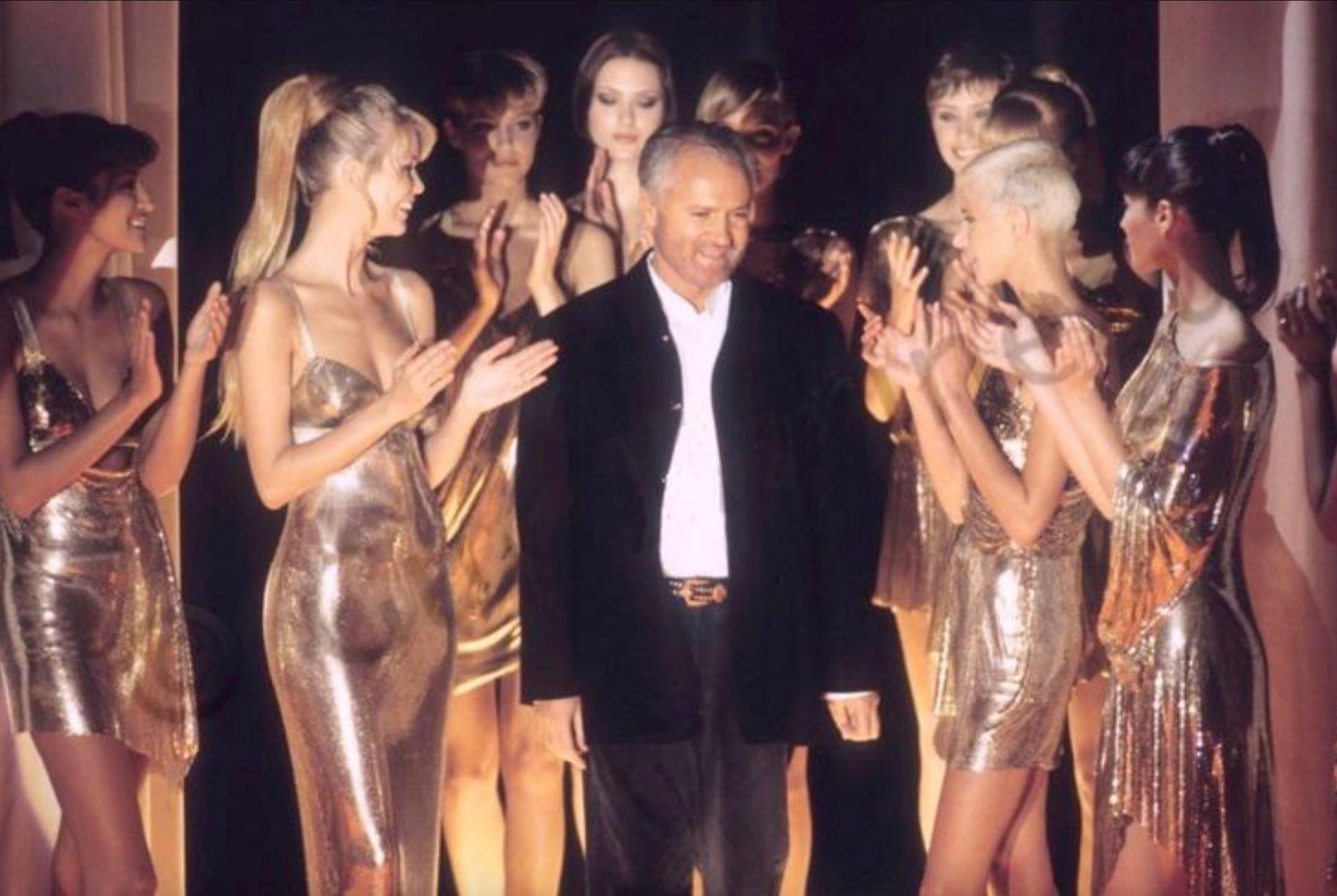 Women's Museum Gianni Versace Couture 1994 Gold Metal Oroton Toga Mini Dress For Sale