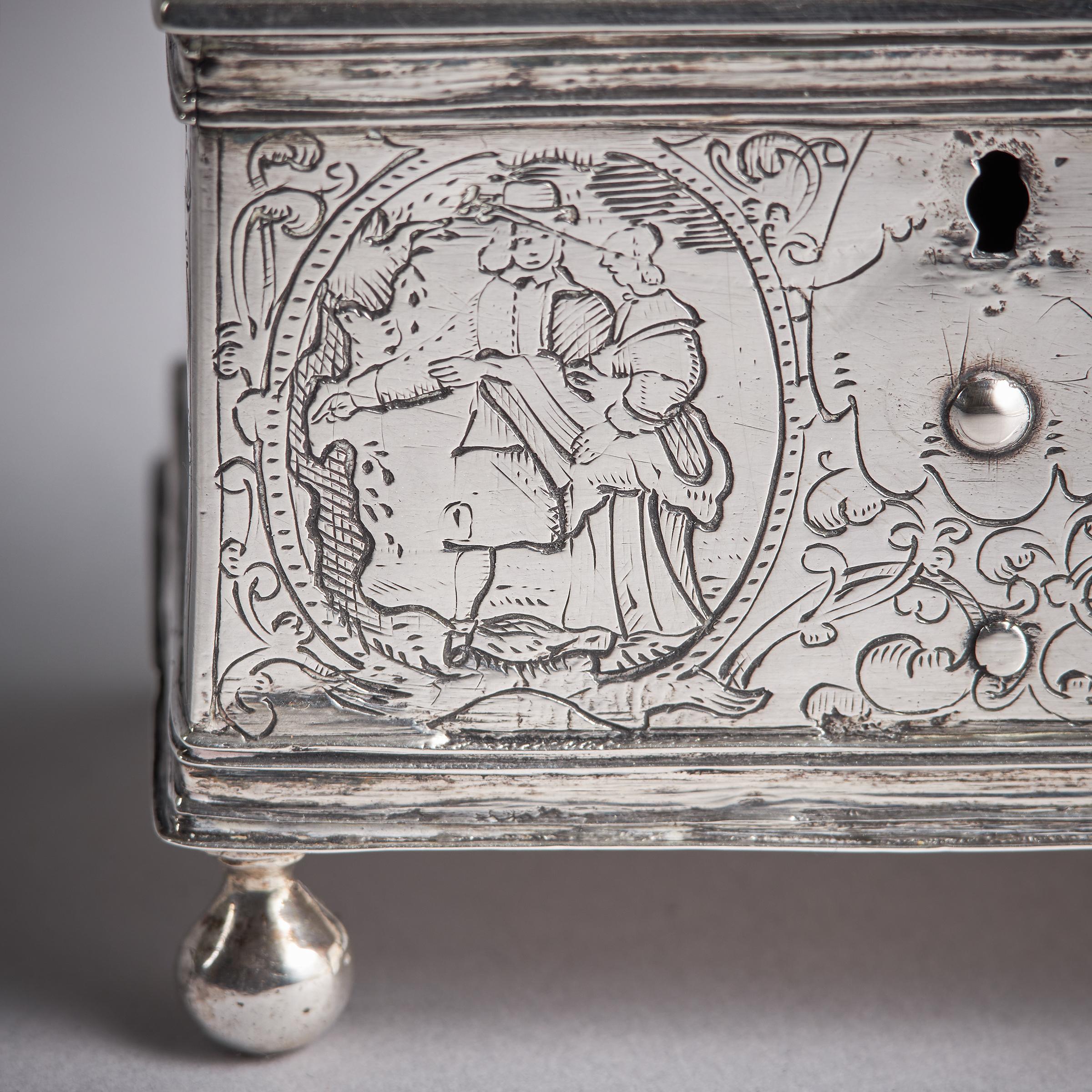 Mid 17th Century Dutch Engraved Silver Wedding Casket or knottekist, Circa 1660 For Sale 4