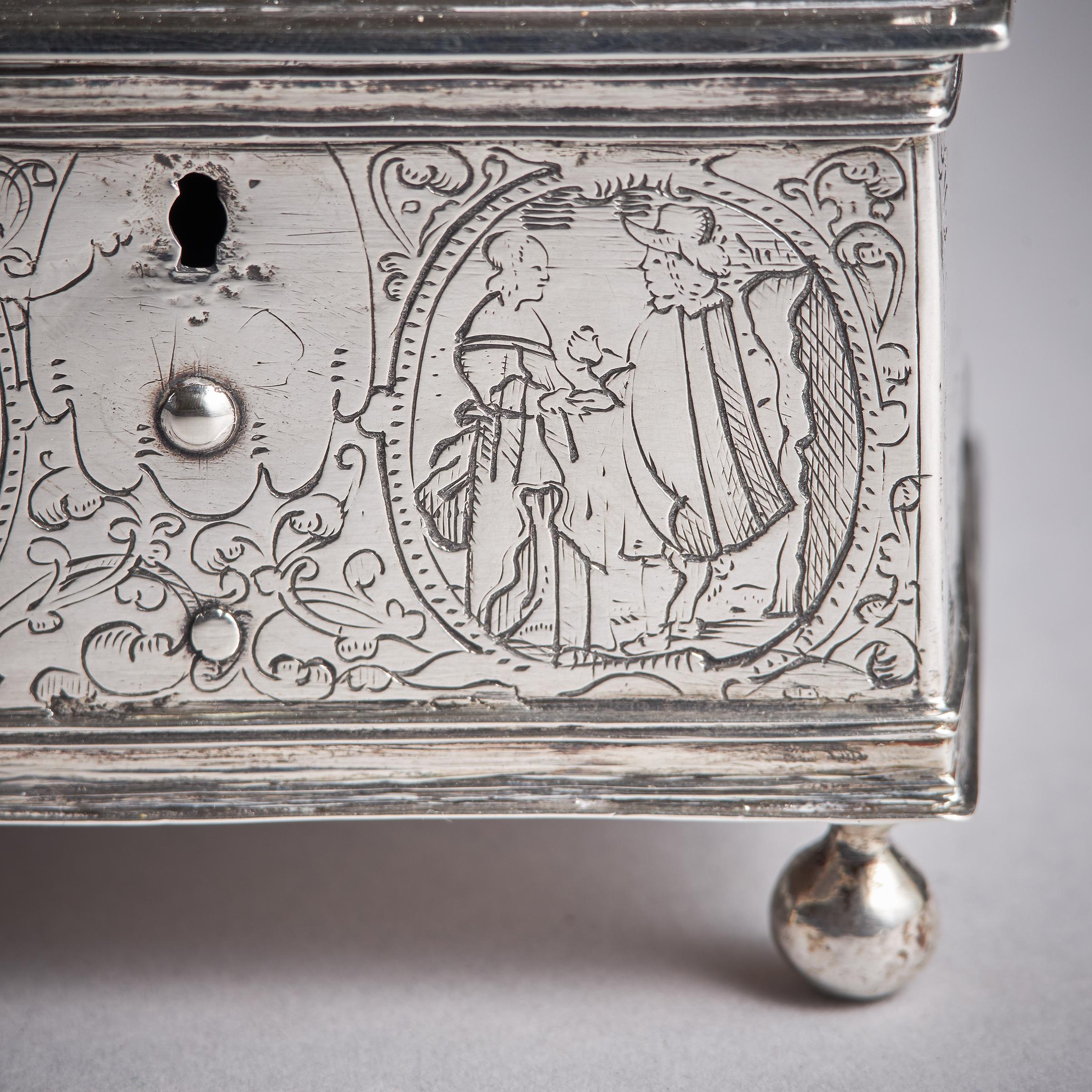 Mid 17th Century Dutch Engraved Silver Wedding Casket or knottekist, Circa 1660 For Sale 5