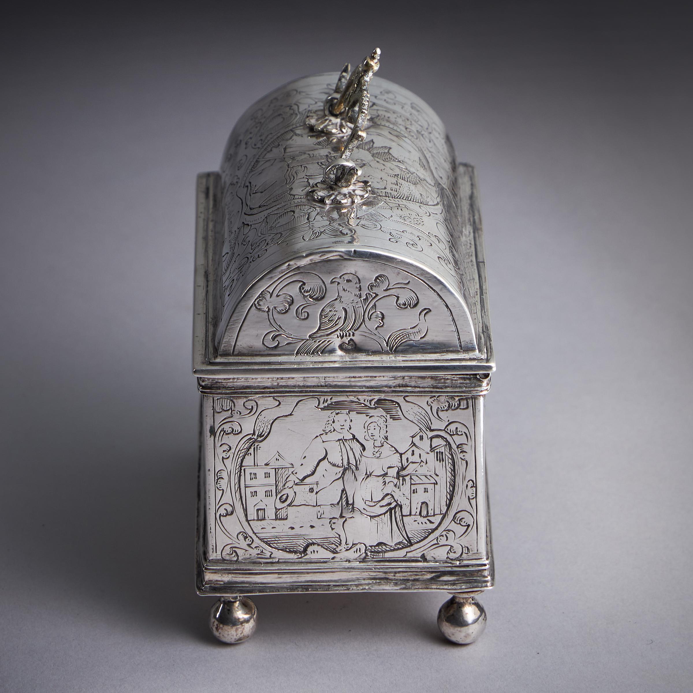 Mid 17th Century Dutch Engraved Silver Wedding Casket or knottekist, Circa 1660 For Sale 6