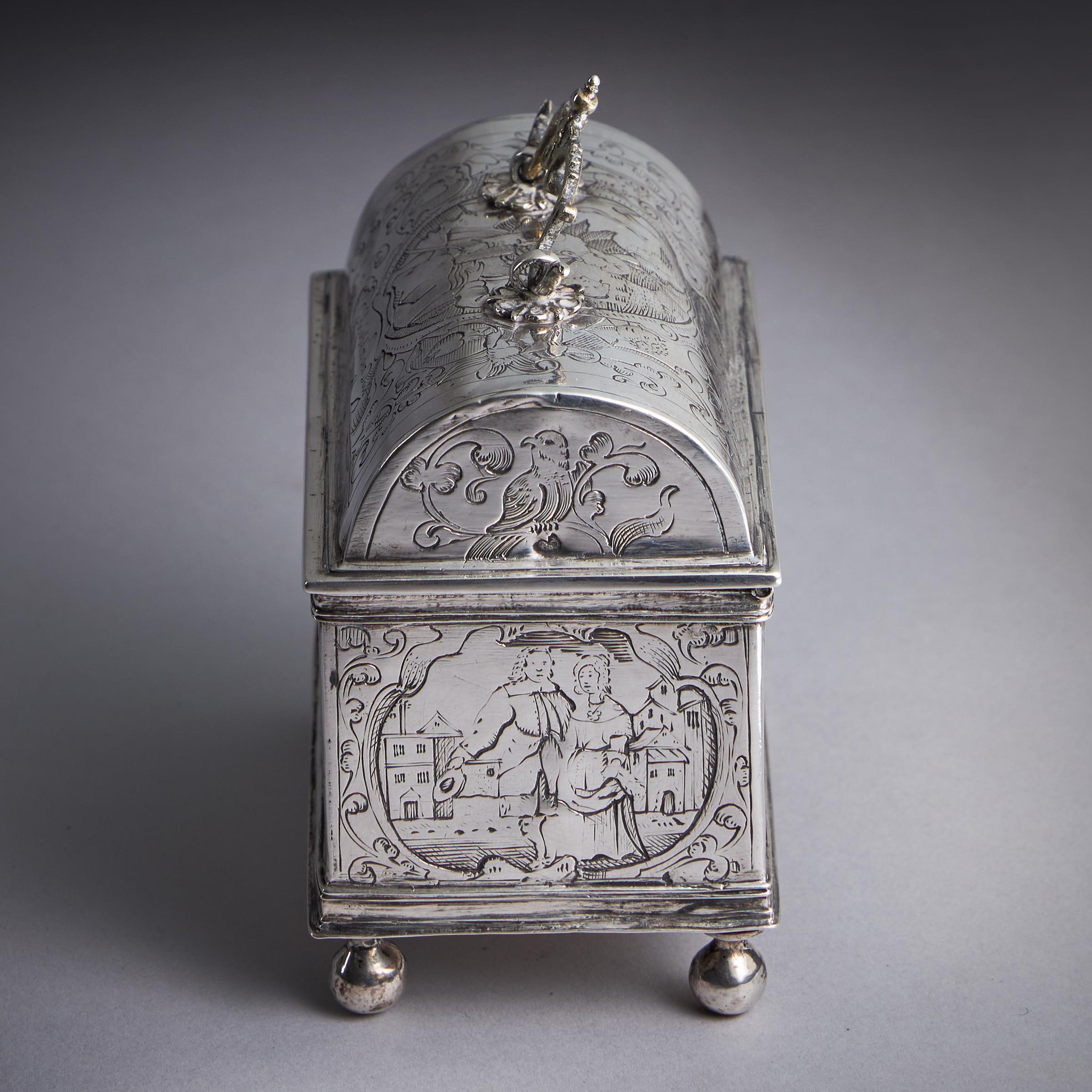 Scrigno nuziale in argento inciso della metà del XVII secolo, circa 1660 in vendita 7