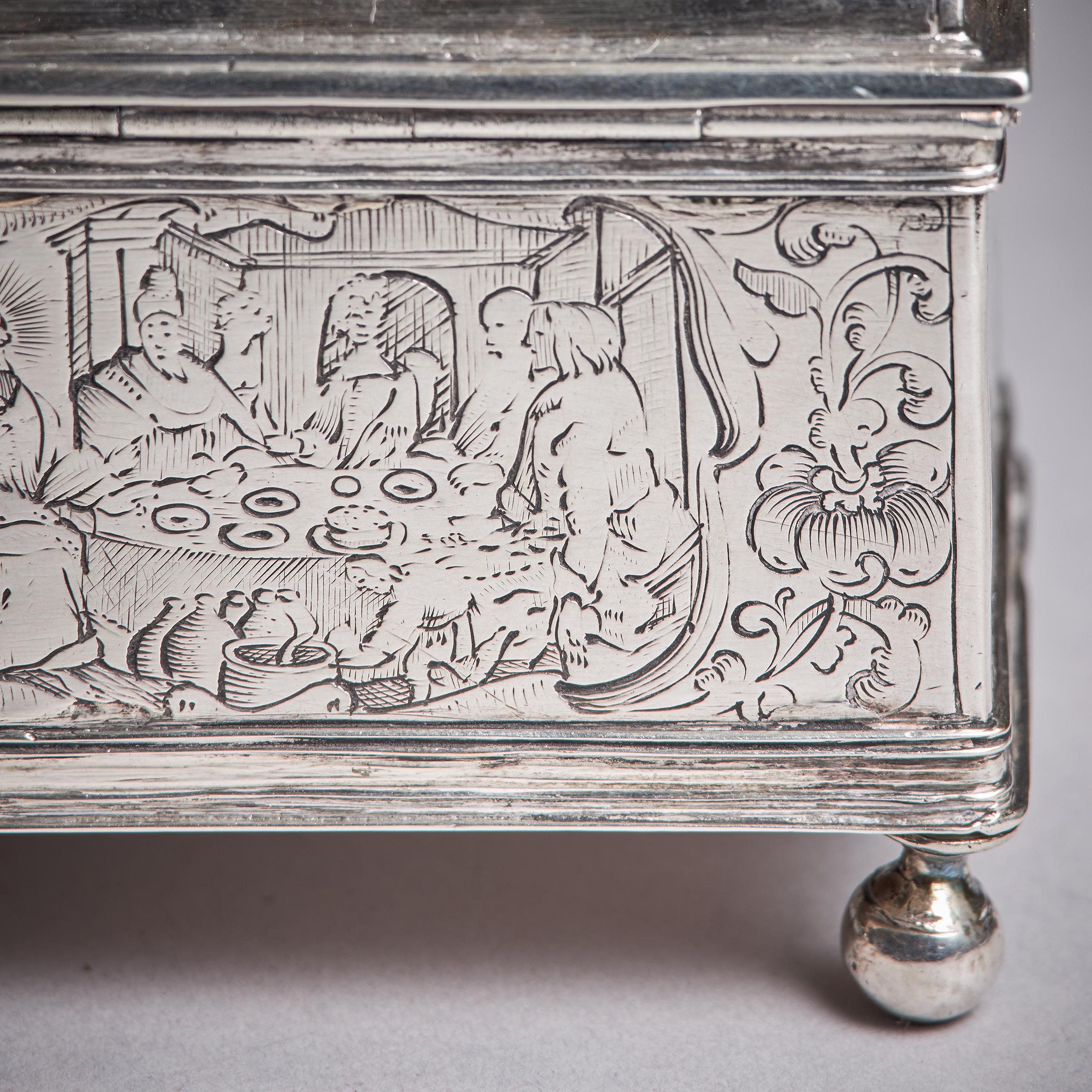Mid 17th Century Dutch Engraved Silver Wedding Casket or knottekist, Circa 1660 For Sale 7