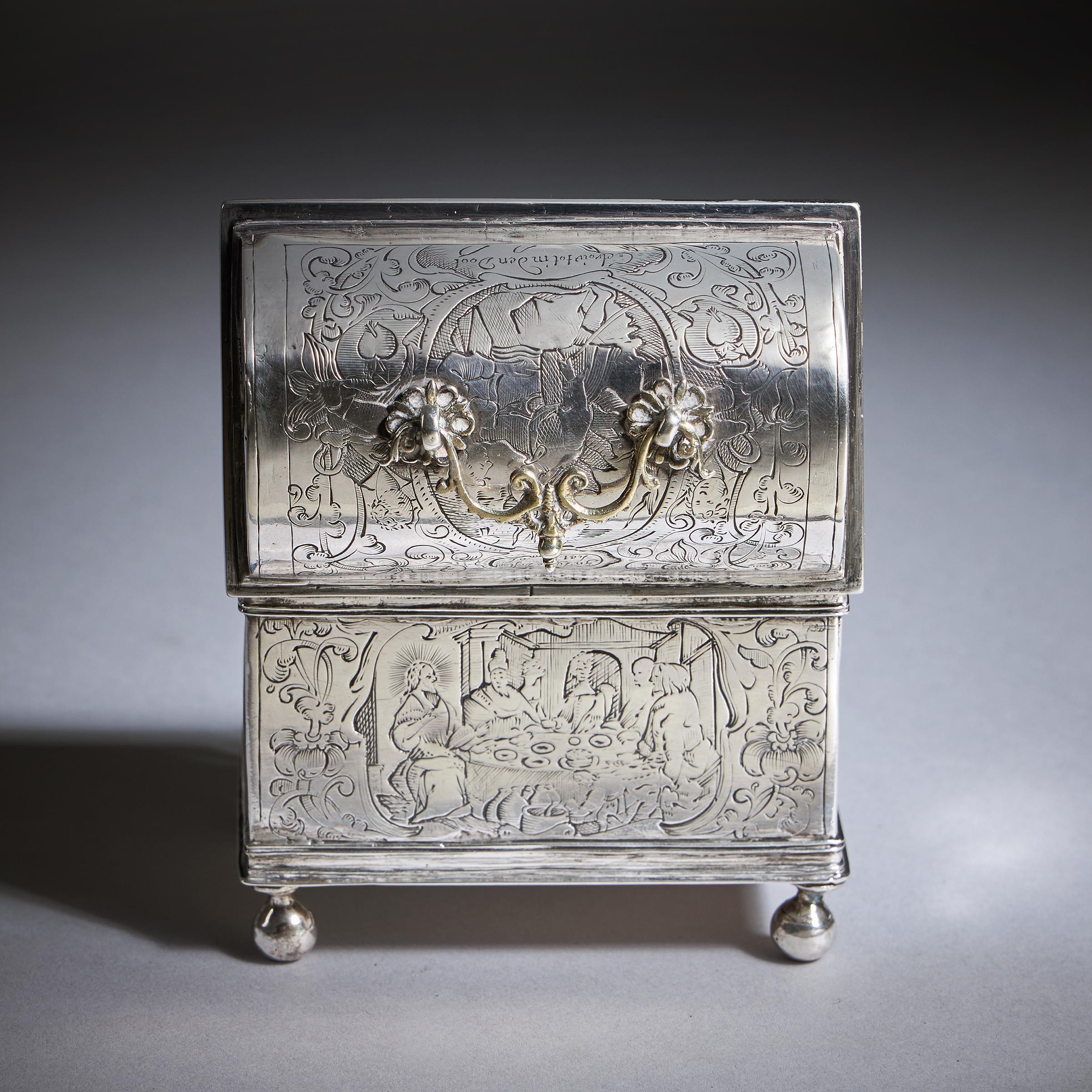 Mid 17th Century Dutch Engraved Silver Wedding Casket or knottekist, Circa 1660 For Sale 9