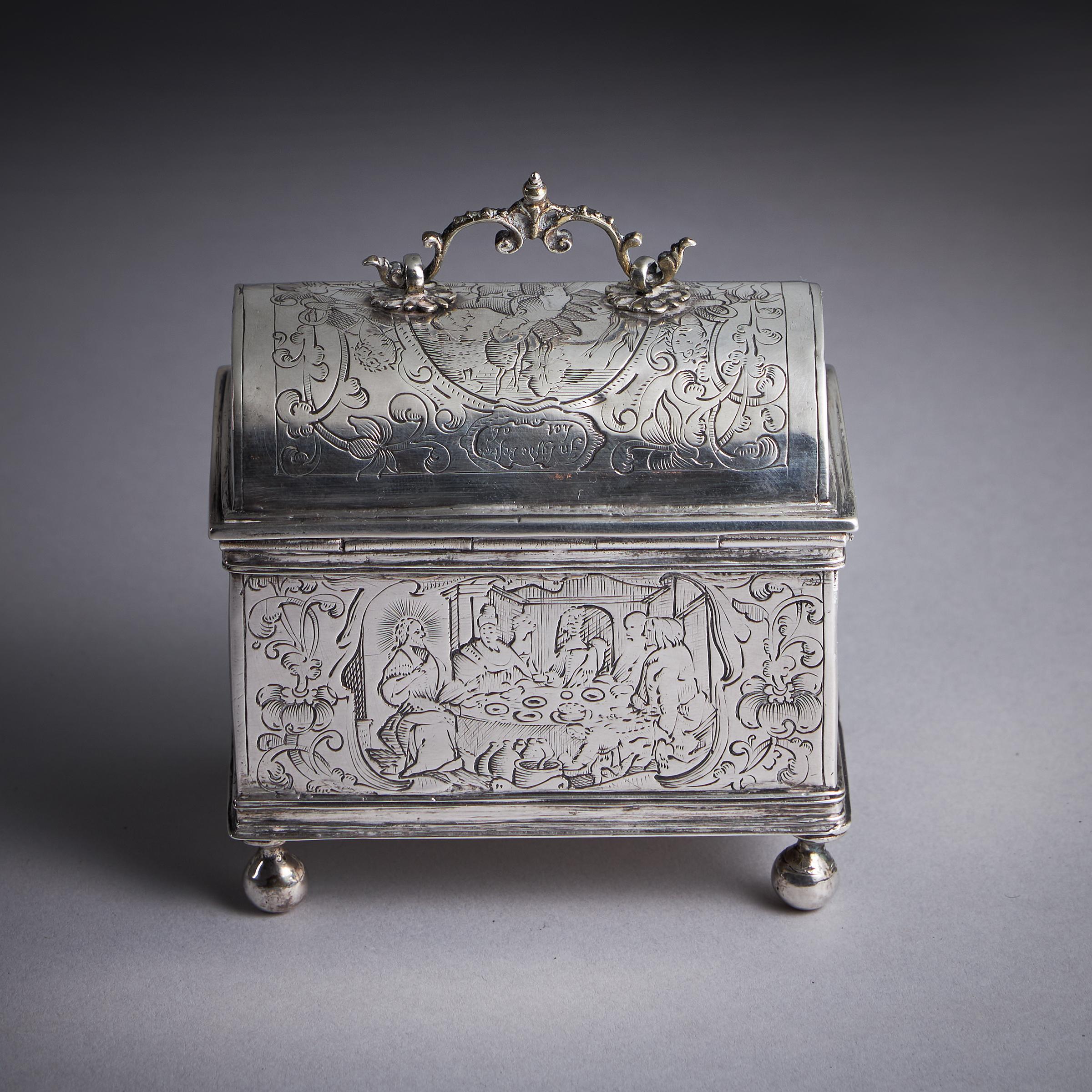 Baroque Mid 17th Century Dutch Engraved Silver Wedding Casket or knottekist, Circa 1660 For Sale