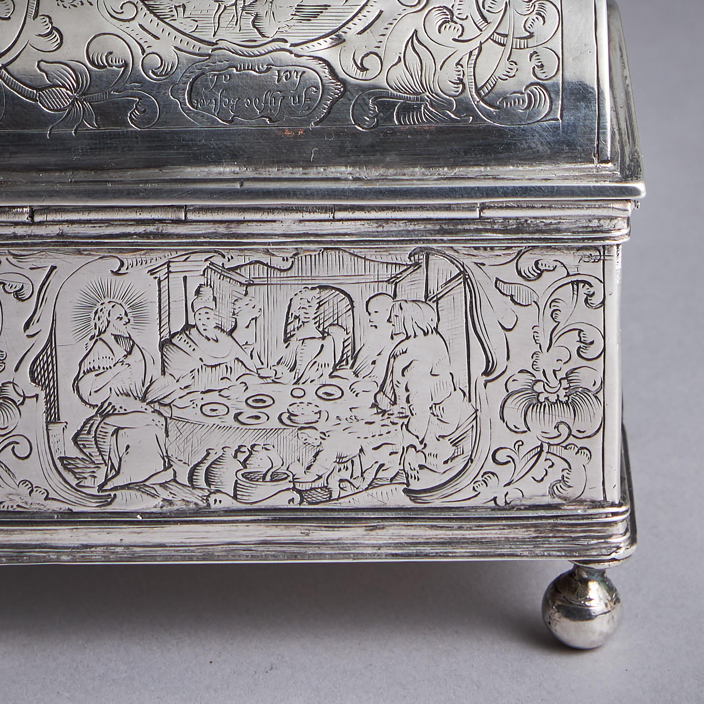 Mid 17th Century Dutch Engraved Silver Wedding Casket or knottekist, Circa 1660 For Sale 1