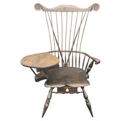 Museum Grade Sculpted Tall Oak 2-Drawer Writing Windsor Chair / Desk, C.1890s