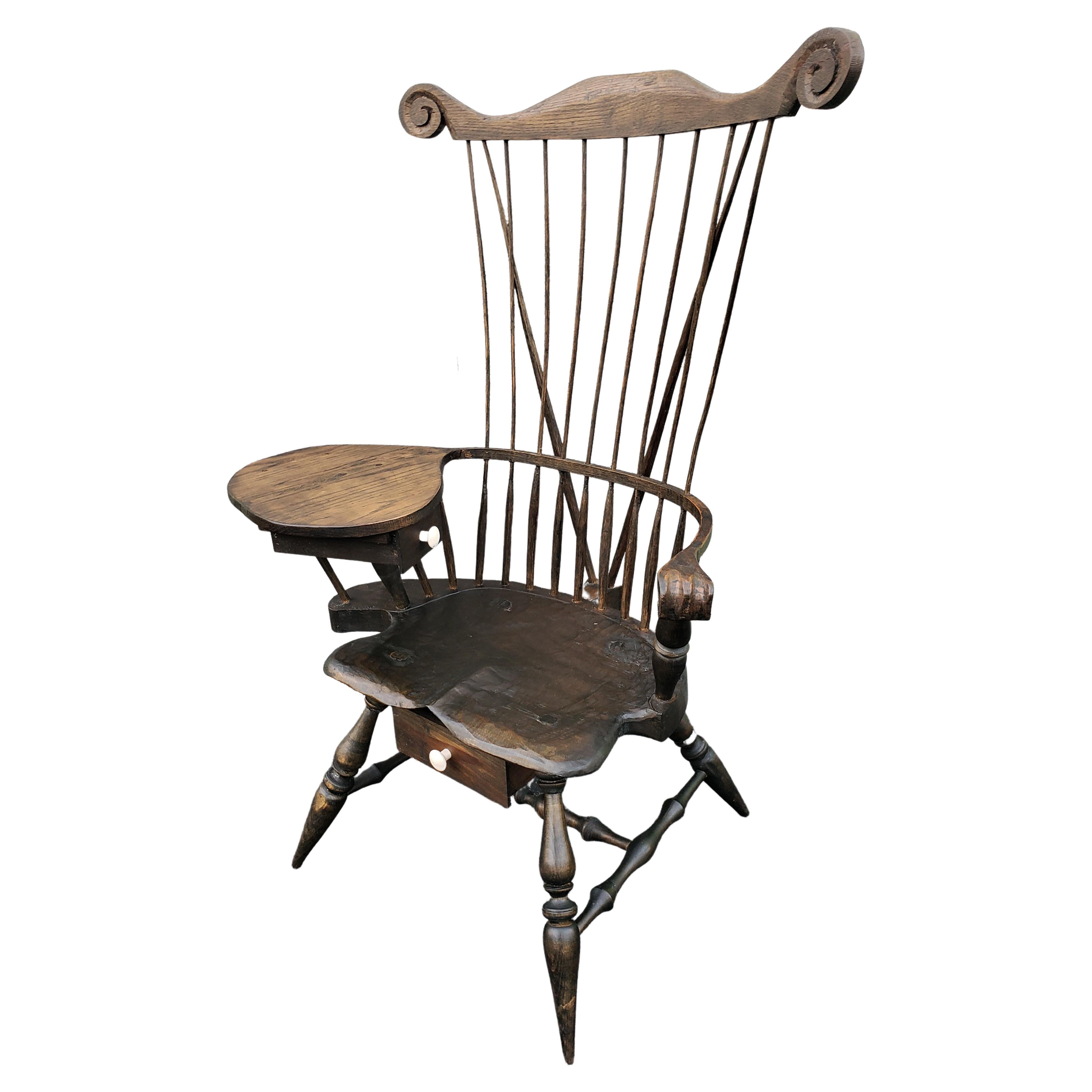 Museum Grade Sculpted Tall Oak 2-Drawer Writing Windsor Chair / Desk, C.1890s For Sale